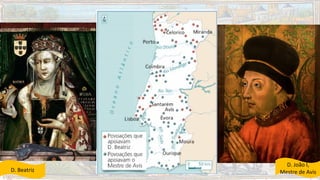 NOBREZA E CLERO
- Consideravam D. Beatriz como
legítima sucessora do pai
- Pretendiam manter e reforçar
os seus privilégios
APOIAVAM D. BEATRIZD. BEATRIZ
POVO, BURGUESIA E
ALGUNS NOBRES
APOIAVAM D. JOÃO,D. JOÃO,
MESTRE DE AVISMESTRE DE AVIS
- A Burguesia e Nobreza deseja-
-vam obter poder político;
- O Povo desejava melhorar as
suas condições de vida e estava
descontente com a alta nobreza
que apoiava D. Beatriz
D. Beatriz
D. João I,
Mestre de Avis
 