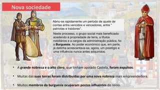 Nova sociedade
• A grande nobreza e o alto clero, que tinham apoiado Castela, foram expulsos.
• Muitas das suas terras foram distribuídas por uma nova nobreza mais empreendedora.
• Muitos membros da burguesia ocuparam postos influentes do reino.
Neste processo, o grupo social mais beneficiado
acedendo à propriedade de terra, a títulos
nobiliários e a cargos da administração pública, foi
a Burguesia. Ao poder económico que, em parte,
já detinha acrescentava-se, agora, um prestígio e
uma influência nunca antes adquiridos.
Abriu-se rapidamente um período de ajuste de
contas entre vencidos e vencedores, entre ”
patriotas e traidores”.
 