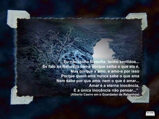 “ ...Eu não tenho filosofia; tenho sentidos... Se falo na Natureza não é porque saiba o que ela é, Mas porque a amo, e amo-a por isso Porque quem ama nunca sabe o que ama Nem sabe por que ama, nem o que é amar... Amar é a eterna inocência, E a única inocência não pensar...”  (Alberto Caeiro em o Guardador de Rebanhos) 