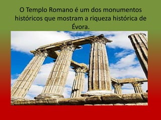 O Templo Romano é um dos monumentos
históricos que mostram a riqueza histórica de
                   Évora.
 