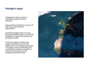 Portugal é capaz A Navigator é líder mundial no segmento do papel fino para escritório. O grupo Portucel/Soporcel  ocupa o 3º lugar da lista dos maiores exportadores O pinhão português está a ter uma grande aceitação, devido à sua elevada qualidade, e a Cecílio SA aumentou a produção em 60% O olival de regadio e azeite extra-virgem, plantado em Ferreira do Alentejo por um português regressado a Portugal, às terras de família, já foi considerado o melhor do mundo em concurso internacional e já foi apodado de petróleo verde. 