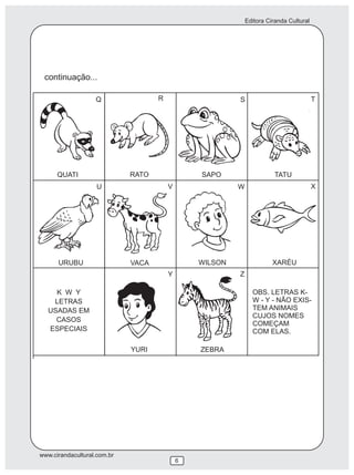 Editora Ciranda Cultural
www.cirandacultural.com.br
Editora Ciranda Cultural
www.cirandacultural.com.br
6
QUATI RATO SAPO TATU
URUBU VACA WILSON XARÉU
K W Y
LETRAS
USADAS EM
CASOS
ESPECIAIS
OBS. LETRAS K-
W - Y - NÃO EXIS-
TEM ANIMAIS
CUJOS NOMES
COMEÇAM
COM ELAS.
Q R S T
U V W X
Y Z
YURI ZEBRA
continuação...
 