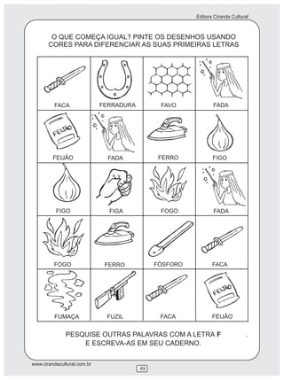 Editora Ciranda Cultural
www.cirandacultural.com.br
89
O QUE COMEÇA IGUAL? PINTE OS DESENHOS USANDO
CORES PARA DIFERENCIAR AS SUAS PRIMEIRAS LETRAS
PESQUISE OUTRAS PALAVRAS COM A LETRA F
E ESCREVA-AS EM SEU CADERNO.
FACA FERRADURA FAVO FADA
FEIJÃO FADA FERRO
FERRO
FIGO
FIGO FIGA FOGO
FOGO
FADA
FÓSFORO FACA
FACAFUMAÇA FUZIL FEIJÃO
.
 