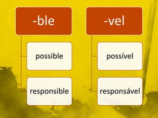 -ble           -vel

 possible      possível



responsible   responsável
 