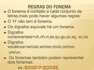 Regras do fonemaO fonema é contado a cada conjunto de letras,mais pode haver algumas regras:O ‘H’ não tem é fonema.Os dígrafos equivale há um fonema.Dígrafos consonantais>ch,nh,rr,ss,qu,gu,sc,sç, xc,xs.Dígrafos vocálicos>am/an,em/en,im/in,om/on,                                    um/un. Os fonemas também podem representar dois fonemas.            ex.:boxe>p:bokse.