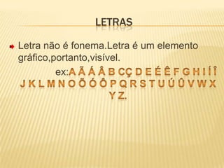 Letras<br />Letra não é fonema.Letra é um elemento gráfico,portanto,visível.<br />                ex:a ã Á Â b cç d e É Ê ...