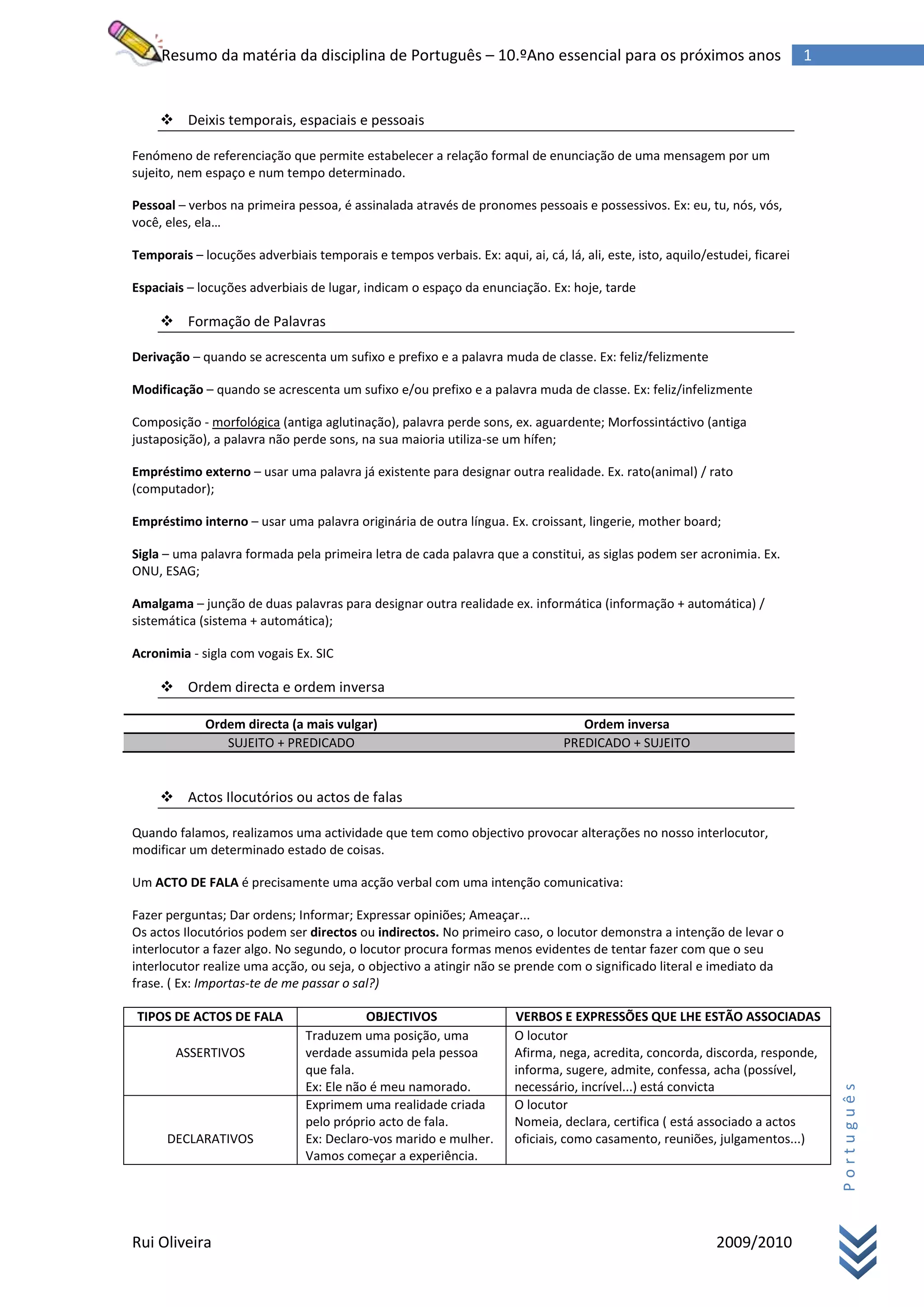Resumo da disciplina de Português - 10 Ano | DOCX