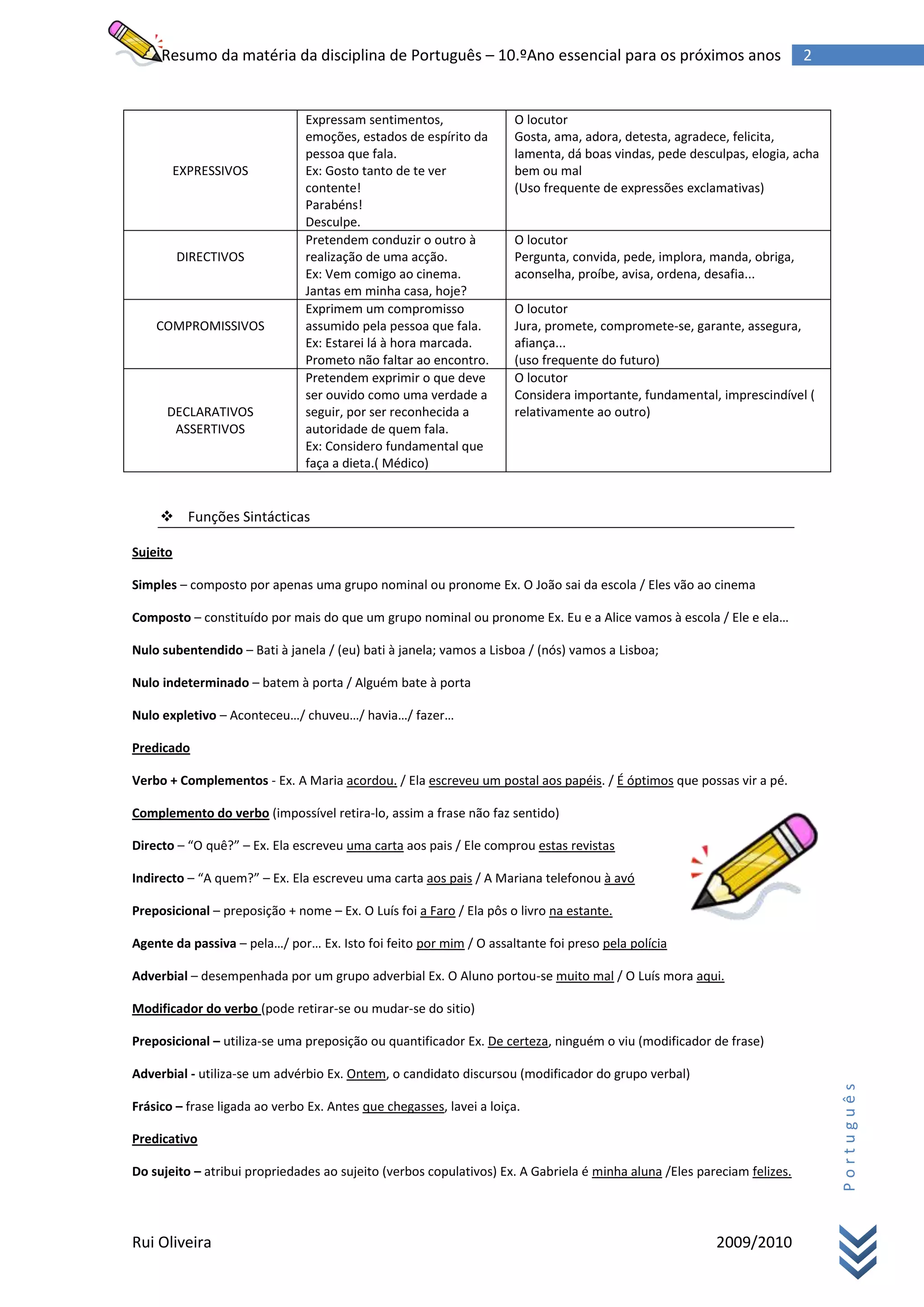 Resumo da disciplina de Português - 10 Ano | DOCX