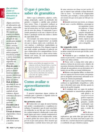 Que atividades
                                                    O que é preciso                                    de uma conversa em classe ou por escrito. O
            Portuguesa



                         podem ser
              Língua




                                                                                                       que se espera é que entenda a trama desenvol-
                         desenvolvidas no           saber de gramática                                 vida no texto – na história de Chapeuzinho
                         laboratório de                                                                Vermelho, por exemplo, o aluno poderá fazer
                         Português?                     Saber o que é substantivo, adjetivo, verbo,    um resumo do que ouviu para ser lido por ou-
Pluralidade




                                                    artigo, preposição, sujeito ou predicado não       tra pessoa.
  Cultural




                                                    garante a ninguém a aptidão para produzir              s Quando escrevem seus textos, as crianças
                         Alguns exercícios
                                                    bons textos. Claro, é necessário conhecer as       devem usar a escrita alfabética, preocupar-se
                         do laboratório são         funções sintáticas e morfológicas das palavras,                             em segmentar o texto
                         simples, outros dão        mas tal ensino deve ser feito a partir da produ-                            em palavras e frases
  Geografia




                         mais trabalho.             ção de texto dos alunos. O importante é que o                               e obedecer às con-
                         Movimente aos




                    ?
                                                    estudo gramatical se dê com o objetivo de me-                               venções ortográficas.
                         poucos os alunos,          lhorar a produção escrita dos alunos e dentro                               Mesmo não sabendo
                         os professores e a         da capacidade deles.                                                        utilizá-las adequada-
                         direção de sua                 Um exemplo: nas séries iniciais é necessá-                              mente, espera-se que
Ambiente
  Meio




                         escola para montar         rio saber o que é “proparoxítona”, na medida                                o aluno se preocupe
                         um acervo de               em que os alunos, junto com o professor, de-                                com a ortografia.
                         livros, revistas,          vem analisar e estabelecer regularidades na
                         dicionários, fitas         acentuação de palavras. Eles chegam à regra de     No segundo ciclo
Naturais
Ciências




                                                    que serão sempre acentuadas as palavras em             s Os alunos já devem ser capazes de resumir
                         cassete (com
                                                    que a sílaba tônica for a antepenúltima. Em to-    as idéias centrais de um texto que foi lido, ou di-
                         música popular             das as situações em que o aluno estiver traba-     to, em voz alta.
                         brasileira) jornais        lhando com textos, ele está necessariamente            s Predende-se que o estudante faça, oral-
                         e outros materiais.        aprendendo gramática.                              mente ou por escrito, o resumo de textos preser-
Educação




                         Veja algumas
  Física




                                                                                                       vando suas idéias centrais.
                         sugestões de                                                                      s Nesse ciclo a criança deve estar apta a
                         atividades.                       Dobre uma folha de papel em três
                                                                                                       realizar a leitura de um texto com o objetivo de
                                                           colunas verticais. Na primeira, a turma
                         Hora do conto: o                  escreve nomes. Na segunda, ações.
                                                                                                       encontrar elementos determinados, como o sig-
                                                    Dica




                         professor narra                   Na terceira, lugares. Abra o papel e        nificado de uma palavra em um dicionário ou o
  Saúde




                         para os alunos                    faça frases com os três elementos.          horário de um filme no jornal (inferências).
                         histórias infanto-                É uma forma divertida de ensinar o              s Mesmo com algumas falhas, os alunos de-

                         juvenis, folclóricas,             conceito de sujeito, verbo e                vem ser capazes de escrever textos com pontua-
                                                           adjunto adverbial.                          ção ou ortografia convencional, utilizando os re-
Orientação




                         fábulas, contos de
  Sexual




                                                                                                       cursos do sistema de pontuação.
                         fadas ou outros.
                         Roda de leitura:           Como avaliar o                                         s Espera-se que o aluno esteja habilitado a
                                                                                                       conhecer as regularidades ortográficas e saiba
                         um aluno lê em voz
                         alta uma crônica,          aproveitamento                                     usar o dicionário para sanar dúvidas quanto às
                                                                                                       palavras de grafia irregular.
  História




                         um conto ou o
                         capítulo de um             escolar                                                s O estudante deve ser capaz de produzir
                                                                                                       textos respeitando as características próprias de
                         romance, depois                É possível determinar alguns critérios de                                      cada gênero e as
                         comenta e discute o        avaliação para o primeiro e segundo ciclos no                                      características
  Matemática




                         texto com os               estudo da Língua Portuguesa.                                                       gráfico-espaciais
                         colegas que o                                                                                                 (o mesmo que pa-
                         ouviram.                   No primeiro ciclo                                                                  ginação), usando
                                                        s O aluno deve ser capaz de narrar histórias                                   a pontuação e pa-
                         Encontro com a
                                                    sem perder o encadeamento e a seqüência cro-                                       lavras de ligação
                         poesia: leitura de         nológica. O esperado é que ele narre uma histó-                                    para a coesão do
  Arte




                         poemas.                    ria conhecida, ou um fato que viveu, respeitan-                                    texto.
                         Círculo de leitores:       do a ordem temporal e obedecendo a uma orde-                                           s Ele deve es-
                         empréstimo e troca         nação lógica que torne o enredo compreensível.                                     crever textos auto-
                         de livros.                     s O estudante deverá compreender, ainda,       explicativos, que serão lidos por quem não co-
  Ética




                         Feira de livros:           o sentido global dos textos lidos em voz alta      nhece o tema. Ao narrar uma festa à qual o lei-
                         com livros novos           por ele ou por outra pessoa. Deve mostrar que      tor não foi, o escritor descreverá os personagens
                         e usados.                  compreendeu o sentido desse texto por meio         e o ambiente em que a história se passa.

                         16   - PCN 1ª a 4ª série
 