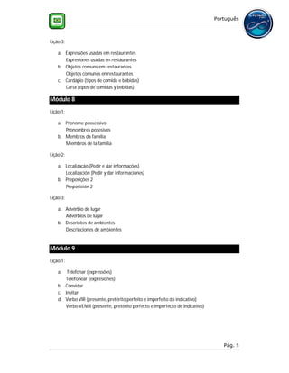 Português



Lição 3:

    a. Expressões usadas em restaurantes
       Expresiones usadas en restaurantes
    b. Objetos comuns em restaurantes
       Objetos comunes en restaurantes
    c. Cardápio (tipos de comida e bebidas)
       Carta (tipos de comidas y bebidas)

Módulo 8
Lição 1:

    a. Pronome possessivo
       Pronombres posesivos
    b. Membros da família
       Miembros de la familia

Lição 2:

    a. Localização (Pedir e dar informações)
       Localización (Pedir y dar informaciones)
    b. Preposições 2
       Preposición 2

Lição 3:

    a. Advérbio de lugar
       Advérbios de lugar
    b. Descrições de ambientes
       Descripciones de ambientes


Módulo 9
Lição 1:

    a.  Telefonar (expressões)
       Telefonear (expresiones)
    b. Convidar
    c. Invitar
    d. Verbo VIR (presente, pretérito perfeito e imperfeito do indicativo)
       Verbo VENIR (presente, pretérito perfecto e imperfecto de indicativo)




                                                                                  Pág. 5
 