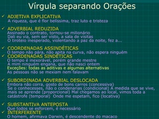 Vírgula separando Orações
 ADJETIVA EXPLICATIVA
  A riqueza, que é flor belíssima, traz luto e tristeza
 ADVERBIAL REDUZIDA
  Assinado o contrato, tornou-se milionário
  Dali eu via, sem ser visto, a sala de visitas
  O tiroteio inesperado, violentando a paz da noite, fez a...
 COORDENADAS ASSINDÉTICAS
  O tempo não pára, não apita na curva, não espera ninguém
 COORDENADAS SINDÉTICAS
  O tempo é inexorável, porém grande mestre
  A mim ninguém engana, que não nasci ontem
  Exceções: todas as aditivas e algumas alternativas
  As pessoas não se mexiam nem falavam

 SUBORDINADA ADVERBIAL DESLOCADA
  Embora não corra, gosto de bons carros (concessiva)
  Se o conhecesses, não o condenarias (condicional) A medida que se vive,
  mais se aprende (proporcional) Mal chegamos ao local, vimos toda a
  catástrofe (temporal) Onde me espetam, fico (locativa)

 SUBSTANTIVA ANTEPOSTA
  Que todos se esforcem, é necessário
 INTERFERENTE
  O homem, afirmava Darwin, é descendente do macaco
 