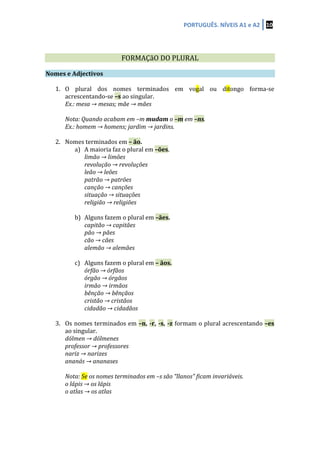 PORTUGUÊS.	
  NÍVEIS	
  A1	
  e	
  A2	
   10	
  
	
  
	
  
	
  
	
   FORMAÇãO	
  DO	
  PLURAL	
   	
  
	
  
Nomes	
  e	
  Adjectivos	
   	
   	
  
	
  
1. O	
   plural	
   dos	
   nomes	
   terminados	
   em	
   vogal	
   ou	
   ditongo	
   forma-­‐se	
  
acrescentando-­‐se	
  –s	
  ao	
  singular.	
  
Ex.:	
  mesa	
  →	
  mesas;	
  mãe	
  →	
  mães	
  	
  
	
  
Nota:	
  Quando	
  acabam	
  em	
  –m	
  mudam	
  o	
  –m	
  em	
  –ns.	
  
Ex.:	
  homem	
  →	
  homens;	
  jardim	
  →	
  jardins.	
  
	
  
2. Nomes	
  terminados	
  em	
  –	
  ão.	
  	
  
a) A	
  maioria	
  faz	
  o	
  plural	
  em	
  –ões.	
  	
  	
  
limão	
  →	
  limões	
  	
  
revolução	
  →	
  revoluções	
  
leão	
  →	
  leões	
  
patrão	
  →	
  patrões	
  
canção	
  →	
  canções	
  
situação	
  →	
  situações	
  
religião	
  →	
  religiões	
  	
  
	
  
b) Alguns	
  fazem	
  o	
  plural	
  em	
  –ães.	
  
capitão	
  →	
  capitães	
  
pão	
  →	
  pães	
  
cão	
  →	
  cães	
  
alemão	
  →	
  alemães	
  	
  
	
  
c) Alguns	
  fazem	
  o	
  plural	
  em	
  –	
  ãos.	
  
órfão	
  →	
  órfãos	
  	
  
órgão	
  →	
  órgãos	
  
irmão	
  →	
  irmãos	
  
bênção	
  →	
  bênçãos	
  
cristão	
  →	
  cristãos	
  
cidadão	
  →	
  cidadãos	
  	
  
	
  
3. Os	
  nomes	
  terminados	
  em	
  –n,	
  -­‐r,	
  -­‐s,	
  -­‐z	
  formam	
  o	
  plural	
  acrescentando	
  –es	
  
ao	
  singular.	
  
dólmen	
  →	
  dólmenes	
  
professor	
  →	
  professores	
  
nariz	
  →	
  narizes	
  
ananás	
  →	
  ananases	
  
	
  
Nota:	
  Se	
  os	
  nomes	
  terminados	
  em	
  –s	
  são	
  “llanos”	
  ficam	
  invariáveis.	
  
o	
  lápis	
  →	
  os	
  lápis	
  
o	
  atlas	
  →	
  os	
  atlas	
  
	
  
	
  
 