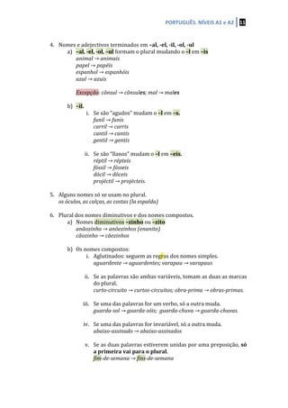 PORTUGUÊS.	
  NÍVEIS	
  A1	
  e	
  A2	
   11	
  
	
  
	
  
4. Nomes	
  e	
  adejectivos	
  terminados	
  em	
  –al,	
  -­‐el,	
  -­‐il,	
  -­‐ol,	
  -­‐ul	
  
a) –al,	
  -­‐el,	
  -­‐ol,	
  –ul	
  formam	
  o	
  plural	
  mudando	
  o	
  –l	
  em	
  –is	
  
animal	
  →	
  animais	
  
papel	
  →	
  papéis	
  
espanhol	
  →	
  espanhóis	
  
azul	
  →	
  azuis	
  
	
  
Excepção:	
  cônsul	
  →	
  cônsules;	
  mal	
  →	
  males	
  
	
  
b) –il.	
  
i. Se	
  são	
  “agudos”	
  mudam	
  o	
  –l	
  em	
  –s.	
  
funil	
  →	
  funis	
  
carril	
  →	
  carris	
  
cantil	
  →	
  cantis	
  
gentil	
  →	
  gentis	
  
	
  
ii. Se	
  são	
  “llanos”	
  mudam	
  o	
  –l	
  em	
  –eis.	
  
réptil	
  →	
  répteis	
  
fóssil	
  →	
  fósseis	
  
dócil	
  →	
  dóceis	
  
projéctil	
  →	
  projécteis.	
  	
  
	
  
5. Alguns	
  nomes	
  só	
  se	
  usam	
  no	
  plural.	
  
os	
  óculos,	
  as	
  calças,	
  as	
  costas	
  (la	
  espalda)	
  
	
  
6. Plural	
  dos	
  nomes	
  diminutivos	
  e	
  dos	
  nomes	
  compostos.	
  
a) Nomes	
  diminutivos	
  –zinho	
  ou	
  –zito	
  
anãozinho	
  →	
  anõezinhos	
  (enanito)	
  
cãozinho	
  →	
  cãezinhos	
  
	
  
b) Os	
  nomes	
  compostos:	
  
i. Aglutinados:	
  seguem	
  as	
  regras	
  dos	
  nomes	
  simples.	
  
aguardente	
  →	
  aguardentes;	
  varapau	
  →	
  varapaus	
  
	
  
ii. Se	
  as	
  palavras	
  são	
  ambas	
  variáveis,	
  tomam	
  as	
  duas	
  as	
  marcas	
  
do	
  plural.	
  
curto-­‐circuito	
  →	
  curtos-­‐circuitos;	
  obra-­‐prima	
  →	
  obras-­‐primas.	
  
	
  
iii. Se	
  uma	
  das	
  palavras	
  for	
  um	
  verbo,	
  só	
  a	
  outra	
  muda.	
  
guarda-­‐sol	
  →	
  guarda-­‐sóis;	
  	
  guarda-­‐chuva	
  →	
  guarda-­‐chuvas.	
  
	
  
iv. Se	
  uma	
  das	
  palavras	
  for	
  invariável,	
  só	
  a	
  outra	
  muda.	
  
abaixo-­‐assinado	
  →	
  abaixo-­‐assinados	
  	
  
	
  
v. Se	
  as	
  duas	
  palavras	
  estiverem	
  unidas	
  por	
  uma	
  preposição,	
  só	
  
a	
  primeira	
  vai	
  para	
  o	
  plural.	
  	
  
fim-­‐de-­‐semana	
  →	
  fins-­‐de-­‐semana	
  
	
  
 