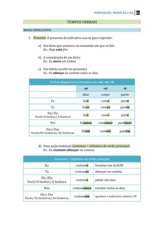 PORTUGUÊS.	
  NÍVEIS	
  A1	
  e	
  A2	
   21	
  
	
  
	
   TEMPOS	
  VERBAIS	
   	
  
	
  
MODO	
  INDICATIVO	
   	
   	
  
	
  
1. Presente.	
  O	
  presente	
  do	
  indicativo	
  usa-­‐se	
  para	
  exprimir:	
  
	
  
a) Um	
  facto	
  que	
  acontece	
  no	
  momento	
  em	
  que	
  se	
  fala	
  
Ex.:	
  Hoje	
  está	
  frio	
  
	
  
b) A	
  constatação	
  de	
  um	
  facto.	
  
Ex.:	
  Eu	
  moro	
  em	
  Lisboa	
  
	
  
c) Um	
  hábito	
  (verbo	
  no	
  presente)	
  
Ex.:	
  Eu	
  almoço	
  na	
  cantina	
  todos	
  os	
  dias.	
  
	
  
Verbos	
  Regulares	
  terminados	
  em	
  –ar;	
  -­‐er;	
  -­‐ir	
  
	
   -­‐ar	
   -­‐er	
   -­‐ir	
  
	
   falar	
   comer	
   partir	
  
Eu	
   falo	
   como	
   parto	
  
Tu	
   falas	
   comes	
   partes	
  
Ele/	
  Ela	
  
	
  Você/	
  O	
  Senhor/	
  A	
  Senhora	
  
fala	
   come	
   parte	
  
Nós	
   falamos	
   comemos	
   partimos	
  
Eles/	
  Elas	
  	
  
Vocês/Os	
  Senhores/	
  As	
  Senhoras	
  
falam	
   comem	
   partem	
  
	
  
	
  
d) Uma	
  acção	
  habitual	
  (costumar	
  +	
  infinitivo	
  de	
  verbo	
  principal)	
  
Ex.:	
  Eu	
  costumo	
  almoçar	
  na	
  cantina	
  
	
  
Costumar	
  +	
  Infinitivo	
  do	
  verbo	
  principal	
  
Eu	
   costumo	
   levantar-­‐me	
  às	
  8:00	
  
Tu	
   costumas	
   almoçar	
  na	
  cantina	
  
Ele	
  /Ela	
  
Você/	
  O	
  Senhor/	
  A	
  Senhora	
  
costuma	
   jantar	
  em	
  casa	
  
Nós	
   costumamos	
   estudar	
  todos	
  os	
  dias	
  
Eles/	
  Elas	
  
Vocês/	
  Os	
  Senhores/	
  As	
  Senhoras	
  
costumam	
   apanhar	
  o	
  autocarro	
  número	
  39	
  
	
  
	
  
	
  
 