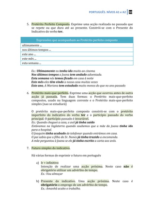 PORTUGUÊS.	
  NÍVEIS	
  A1	
  e	
  A2	
   30	
  
	
  
	
  
5. Pretérito	
  Perfeito	
  Composto.	
  Exprime	
  uma	
  acção	
  realizada	
  no	
  passado	
  que	
  
se	
   repete	
   ou	
   que	
   dura	
   até	
   ao	
   presente.	
   Constrói-­‐se	
   com	
   o	
   Presente	
   do	
  
Indicativo	
  do	
  verbo	
  ter.	
  
	
  
Expressões	
  que	
  acompanham	
  ao	
  Pretérito	
  perfeito	
  composto	
  
ultimamente	
  ...	
  
nos	
  últimos	
  tempos	
  ...	
  
este	
  ano	
  ...	
  
este	
  mês	
  ...	
  
esta	
  semana	
  ...	
  
	
  
	
   Ex.:	
  Ultimamente	
  eu	
  tenho	
  ido	
  muito	
  ao	
  cinema	
  
Nos	
  últimos	
  tempos	
  a	
  Joana	
  tem	
  andado	
  adoentada.	
  
Esta	
  semana	
  nós	
  temos	
  ficado	
  em	
  casa	
  à	
  noite	
  
Este	
  mês	
  eles	
  têm	
  vindo	
  a	
  nossa	
  casa	
  muitas	
  vezes	
  
Este	
  ano,	
  A	
  Mariana	
  tem	
  estudado	
  muito	
  menos	
  do	
  que	
  no	
  ano	
  passado	
  
	
  
6. Pretérito	
  mais-­‐que-­‐perfeito.	
  Exprime	
  uma	
  acção	
  que	
  ocorreu	
  antes	
  de	
  outra	
  
acção	
   já	
   passada.	
   Tem	
   duas	
   formas:	
   o	
   Pretérito	
   mais-­‐que-­‐perfeito	
  
compostos,	
   usado	
   na	
   linguagem	
   corrente	
   e	
   o	
   Pretérito	
   mais-­‐que-­‐perfeito	
  
simples	
  (nao	
  se	
  estudiará)	
  
	
  
O	
   pretérito	
   mais-­‐que-­‐perfeito	
   composto	
   constrói-­‐se	
   com	
   o	
   pretérito	
  
imperfeito	
   do	
   indicativo	
   do	
   verbo	
   ter	
   e	
   o	
   particípio	
   passado	
   do	
   verbo	
  
principal.	
  O	
  particípio	
  passado	
  é	
  invariável.	
  
Ex.:	
  Quando	
  cheguei	
  a	
  casa,	
  o	
  avô	
  já	
  tinha	
  saído	
  
Estávamos	
   na	
   Inglaterra	
   quando	
   soubemos	
   que	
   a	
   mãe	
   da	
   Joana	
   tinha	
   ido	
  
para	
  o	
  hospital.	
  
O	
  Joaquim	
  tinha	
  acabado	
  de	
  telefonar	
  quando	
  entrámos	
  em	
  casa.	
  
O	
  pai	
  sabia	
  que	
  o	
  filho	
  do	
  Sr.	
  Nunes	
  já	
  tinha	
  trazido	
  a	
  encomenda.	
  
A	
  mãe	
  perguntou	
  à	
  Joana	
  se	
  ele	
  já	
  tinha	
  escrito	
  a	
  carta	
  aos	
  avós.	
  
	
  
7. Futuro	
  simples	
  do	
  indicativo.	
  	
  
	
  
Há	
  várias	
  formas	
  de	
  exprimir	
  o	
  futuro	
  em	
  português	
  
	
  
a) Ir	
  +	
  infinitivo	
  
Intenção	
   de	
   realizar	
   uma	
   acção	
   próxima.	
   Neste	
   caso	
   não	
   é	
  
obrigatório	
  utilizar	
  um	
  advérbio	
  de	
  tempo.	
  
Ex.:	
  Vou	
  almoçar	
  
	
  
b) Presente	
   do	
   indicativo.	
   Uma	
   acção	
   próxima.	
   Neste	
   caso	
   é	
  
obrigatório	
  o	
  emprego	
  de	
  um	
  advérbio	
  de	
  tempo.	
  
Ex.:	
  Amanhã	
  acabo	
  o	
  trabalho.	
  
	
  
	
  
	
  
 