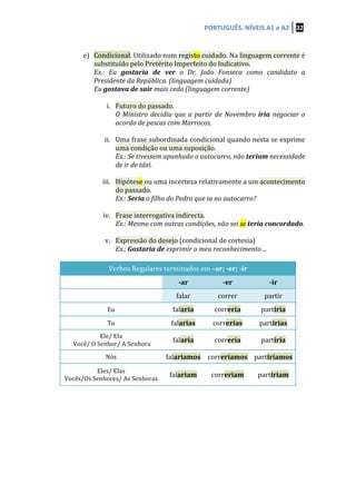 PORTUGUÊS.	
  NÍVEIS	
  A1	
  e	
  A2	
   32	
  
	
  
	
  
e) Condicional.	
  Utilizado	
  num	
  registo	
  cuidado.	
  Na	
  linguagem	
  corrente	
  é	
  
substituído	
  pelo	
  Pretérito	
  Imperfeito	
  do	
  Indicativo.	
  
Ex.:	
   Eu	
   gostaria	
   de	
   ver	
   o	
   Dr.	
   João	
   Fonseca	
   como	
   candidato	
   a	
  
Presidente	
  da	
  República.	
  (linguagem	
  cuidada)	
  
Eu	
  gostava	
  de	
  sair	
  mais	
  cedo	
  (linguagem	
  corrente)	
  
	
  
i. Futuro	
  do	
  passado.	
  	
  
O	
  Ministro	
  decidiu	
  que	
  a	
  partir	
  de	
  Novembro	
  iria	
  negociar	
  o	
  
acordo	
  de	
  pescas	
  com	
  Marrocos.	
  
	
  
ii. Uma	
  frase	
  subordinada	
  condicional	
  quando	
  nesta	
  se	
  exprime	
  
uma	
  condição	
  ou	
  uma	
  suposição.	
  
Ex.:	
  Se	
  tivessem	
  apanhado	
  o	
  autocarro,	
  não	
  teriam	
  necessidade	
  
de	
  ir	
  de	
  táxi.	
  
	
  
iii. Hipótese	
  ou	
  uma	
  incerteza	
  relativamente	
  a	
  um	
  acontecimento	
  
do	
  passado.	
  
Ex.:	
  Seria	
  o	
  filho	
  do	
  Pedro	
  que	
  ia	
  no	
  autocarro?	
  
	
  
iv. Frase	
  interrogativa	
  indirecta.	
  
Ex.:	
  Mesmo	
  com	
  outras	
  condições,	
  não	
  sei	
  se	
  teria	
  concordado.	
  
	
  
v. Expressão	
  do	
  desejo	
  (condicional	
  de	
  cortesia)	
  
Ex.:	
  Gostaria	
  de	
  exprimir	
  o	
  meu	
  reconhecimento	
  ...	
  
	
  
Verbos	
  Regulares	
  terminados	
  em	
  –ar;	
  -­‐er;	
  -­‐ir	
  
	
   -­‐ar	
   -­‐er	
   -­‐ir	
  
	
   falar	
   correr	
   partir	
  
Eu	
   falaria	
   correria	
   partiria	
  
Tu	
   falarias	
   correrias	
   partirias	
  
Ele/	
  Ela	
  
	
  Você/	
  O	
  Senhor/	
  A	
  Senhora	
  
falaria	
   correria	
   partiria	
  
Nós	
   falaríamos	
   correríamos	
   partiríamos	
  
Eles/	
  Elas	
  	
  
Vocês/Os	
  Senhores/	
  As	
  Senhoras	
  
falariam	
   correriam	
   partiriam	
  
	
  
	
  
	
  
	
  
	
  
	
  
	
  
	
  
 