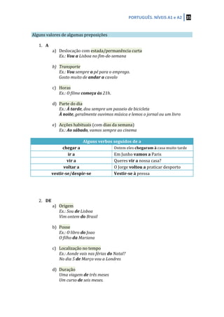 PORTUGUÊS.	
  NÍVEIS	
  A1	
  e	
  A2	
   35	
  
	
  
	
  
Alguns	
  valores	
  de	
  algumas	
  preposições	
  	
  
	
  
1. A	
  
a) Deslocação	
  com	
  estada/permanência	
  curta	
  
Ex.:	
  Vou	
  a	
  Lisboa	
  no	
  fim-­‐de-­‐semana	
  
	
  
b) Transporte	
  
Ex.:	
  Vou	
  sempre	
  a	
  pé	
  para	
  o	
  emprego.	
  	
  
Gosto	
  muito	
  de	
  andar	
  a	
  cavalo	
  
	
  
c) Horas	
  
Ex.:	
  O	
  filme	
  começa	
  às	
  21h.	
  
	
  
d) Parte	
  do	
  dia	
  
Ex.:	
  À	
  tarde,	
  dou	
  sempre	
  um	
  passeio	
  de	
  bicicleta	
  
À	
  noite,	
  geralmente	
  ouvimos	
  música	
  e	
  lemos	
  o	
  jornal	
  ou	
  um	
  livro	
  
	
  
e) Acções	
  habituais	
  (com	
  dias	
  da	
  semana)	
  
Ex.:	
  Ao	
  sábado,	
  vamos	
  sempre	
  ao	
  cinema	
  
	
  
Alguns	
  verbos	
  seguidos	
  de	
  a	
  
chegar	
  a	
   Ontem	
  eles	
  chegaram	
  à	
  casa	
  muito	
  tarde	
  
ir	
  a	
   Em	
  Junho	
  vamos	
  a	
  Paris	
  
vir	
  a	
   Queres	
  vir	
  a	
  nossa	
  casa?	
  
voltar	
  a	
   O	
  Jorge	
  voltou	
  a	
  praticar	
  desporto	
  
vestir-­‐se/despir-­‐se	
   Vestir-­‐se	
  à	
  pressa	
  
	
  
	
  
	
  
	
  
2. DE	
  
a) Origem	
  
Ex.:	
  Sou	
  de	
  Lisboa	
  
Vim	
  ontem	
  do	
  Brasil	
  
	
  
b) Posse	
  
Ex.:	
  O	
  libro	
  do	
  Joao	
  
O	
  filho	
  da	
  Mariana	
  
	
  
c) Localização	
  no	
  tempo	
  
Ex.:	
  Aonde	
  vais	
  nas	
  férias	
  do	
  Natal?	
  
No	
  dia	
  5	
  de	
  Março	
  vou	
  a	
  Londres	
  
	
  
d) Duração	
  
Uma	
  viagem	
  de	
  três	
  meses	
  
Um	
  curso	
  de	
  seis	
  meses.	
  
	
  
 
