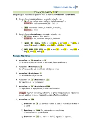 PORTUGUÊS.	
  NÍVEIS	
  A1	
  e	
  A2	
   8	
  
	
  	
  
	
   FORMAÇãO	
  DO	
  FEMININO	
   	
  
Em	
  português	
  existem	
  dois	
  géneros	
  para	
  os	
  nomes:	
  o	
  masculino	
  e	
  o	
  feminino.	
  
	
  
1. São	
  geralmente	
  masculinos	
  os	
  nomes	
  terminados	
  em:	
  
a) –o.	
  o	
  livro,	
  o	
  rio,	
  o	
  ano,	
  o	
  vinho,	
  o	
  rádio	
  (o	
  aparato),	
  ...	
  
Excepção:	
  a	
  rádio	
  (emissora)	
  (BBC,	
  TVE,	
  ...)	
  
	
  
b) –me.	
  o	
  costume,	
  o	
  nome,	
  o	
  perfume,	
  o	
  volume,	
  ...	
  
Excepção:	
  a	
  fome.	
  
	
  
2. Sao	
  geralmente	
  femininos	
  os	
  nomes	
  terminados	
  em:	
  
a) –a.	
  a	
  hora,	
  a	
  casa,	
  a	
  data,	
  a	
  mesa,	
  ...	
  
Excepção:	
  o	
  dia,	
  o	
  cinema,	
  o	
  mapa,	
  o	
  problema.	
  
	
  
b) –gem,	
   -­‐ie,	
   -­‐dade,	
   -­‐tude.	
   a	
   coragem,	
   a	
   garagem,	
   a	
   viagem,	
   a	
  
superfície,	
  a	
  universidade,	
  a	
  juventude,	
  a	
  atitude,	
  a	
  virtude.	
  
	
  
c) –cão,	
   -­‐são,	
   -­‐stão,	
   -­‐ião.	
   a	
  nação,	
  a	
  posição,	
  a	
  tensão,	
  a	
  congestão,	
  a	
  
região,	
  a	
  ilusão,	
  a	
  religião.	
  
	
  
Nomes	
  e	
  Adjectivos	
   	
   	
  
	
  
1. Masculino	
  em	
  –o,	
  feminino	
  em	
  –a	
  
Ex.:	
  primo	
  →	
  prima;	
  secretário	
  →	
  secretária;	
  branco	
  →	
  branca.	
  
	
  
2. Masculino	
  e	
  feminino	
  em	
  –e	
  
Ex.:	
  o/a	
  estudante;	
  o/a	
  presidente;	
  inteligente;	
  verde	
  
	
  
3. Masculino	
  e	
  feminino	
  en	
  –a	
  
Ex.:	
  o/a	
  jornalista;	
  o/a	
  artista.	
  
	
  
4. Masculino	
  em	
  –ês	
  e	
  feminino	
  en	
  –esa	
  
Ex.:	
  o	
  português	
  →	
  a	
  portuguesa	
  
	
  
5. Masculino	
  em	
  –or	
  e	
  feminino	
  em	
  –ora.	
  
Ex.:	
  o	
  professor	
  →	
  a	
  professora;	
  o	
  cantor	
  →	
  a	
  cantora	
  
	
  
Excepção:	
  inferior,	
  superior,	
  posterior	
  e	
  os	
  graus	
  irregulares	
  dos	
  adjectivos:	
  
grande	
  (maior),	
  pequeno	
  (menor),	
  bom	
  (melhor)	
  e	
  mau	
  (pior)	
  
	
  
6. Masculino	
  em	
  –ão.	
  	
  
	
  
a) Feminino	
  em	
  –ã.	
  Ex.:	
  o	
  irmão→	
  irmã;	
  	
  o	
  alemão→	
  alemã;	
  o	
  cristão	
  →	
  
a	
  cristã	
  	
  
	
  
b) Feminino	
  em	
  –ona.	
  Ex.:	
  o	
  rapagão	
  →a	
  raparigona;	
  
o	
  grandalhão	
  →a	
  grandalhona.	
  
	
  
c) Feminino	
  em	
  –oa.	
  Ex.:	
  o	
  leão	
  →	
  a	
  leoa;	
  	
  o	
  patrão	
  →	
  a	
  patroa.	
  	
  
 