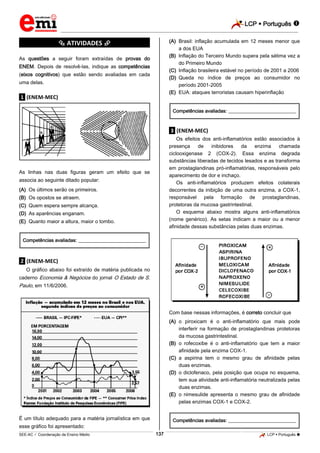 LCP  Português  
_________________________________________________________________________________________________________________________ 
___________________________________________________________________________________________________________________________________________________________________________________________________________________________________________________________________________________________________________________________________________________________________________________________________________________________ _____________________________________________________________________________________________________________ 
SEE-AC  Coordenação de Ensino Médio 137 LCP  Português  
*********** ATIVIDADES *********** As questões a seguir foram extraídas de provas do ENEM. Depois de resolvê-las, indique as competências (eixos cognitivos) que estão sendo avaliadas em cada uma delas. .1. (ENEM-MEC) 
As linhas nas duas figuras geram um efeito que se associa ao seguinte ditado popular: 
(A) Os últimos serão os primeiros. 
(B) Os opostos se atraem. 
(C) Quem espera sempre alcança. 
(D) As aparências enganam. 
(E) Quanto maior a altura, maior o tombo. 
Competências avaliadas: ____________________________ 
.2. (ENEM-MEC) O gráfico abaixo foi extraído de matéria publicada no caderno Economia & Negócios do jornal O Estado de S. Paulo, em 11/6/2006. 
É um título adequado para a matéria jornalística em que esse gráfico foi apresentado: 
(A) Brasil: inflação acumulada em 12 meses menor que a dos EUA 
(B) Inflação do Terceiro Mundo supera pela sétima vez a do Primeiro Mundo 
(C) Inflação brasileira estável no período de 2001 a 2006 
(D) Queda no índice de preços ao consumidor no período 2001-2005 
(E) EUA: ataques terroristas causam hiperinflação 
Competências avaliadas: ____________________________ 
.3. (ENEM-MEC) Os efeitos dos anti-inflamatórios estão associados à presença de inibidores da enzima chamada ciclooxigenase 2 (COX-2). Essa enzima degrada substâncias liberadas de tecidos lesados e as transforma em prostaglandinas pró-inflamatórias, responsáveis pelo aparecimento de dor e inchaço. Os anti-inflamatórios produzem efeitos colaterais decorrentes da inibição de uma outra enzima, a COX-1, responsável pela formação de prostaglandinas, protetoras da mucosa gastrintestinal. O esquema abaixo mostra alguns anti-inflamatórios (nome genérico). As setas indicam a maior ou a menor afinidade dessas substâncias pelas duas enzimas. 
Com base nessas informações, é correto concluir que 
(A) o piroxicam é o anti-inflamatório que mais pode interferir na formação de prostaglandinas protetoras da mucosa gastrintestinal. 
(B) o rofecoxibe é o anti-inflamatório que tem a maior afinidade pela enzima COX-1. 
(C) a aspirina tem o mesmo grau de afinidade pelas duas enzimas. 
(D) o diclofenaco, pela posição que ocupa no esquema, tem sua atividade anti-inflamatória neutralizada pelas duas enzimas. 
(E) o nimesulide apresenta o mesmo grau de afinidade pelas enzimas COX-1 e COX-2. 
Competências avaliadas: ____________________________  