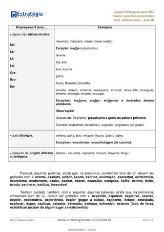 Língua Portuguesa para INSS
Teoria e questões comentadas
Prof. Fabiano Sales Aula 00
Prof. Fabiano Sales www.estrategiaconcursos.com.br 10 de 63
Emprega-se X (em) ... Exemplos
- depois das sílabas iniciais:
Me-
La-
Li-
Lu-
Gra-
Bru-
En-
mexerico, mexicano, mexer, mexa (verbo).
Exceção: mecha (substantivo).
laxante.
lixa, lixo.
luxo, luxúria.
graxa.
bruxa, Bruxelas, bruxelês.
enxada, enxuto, enxame, enxaqueca, enxoval, enxurrada, enxaguar,
enxerto, enxergar, enxotar, enxugar.
Exceções: enchova, encher, encharcar e derivados desses
vocábulos.
Observação!
Quando en- for prefixo, prevalecerá a grafia da palavra primitiva.
Exemplo: enxadrista (de xadrez), engraxar, engraxate (de graxa).
- após ditongos. ameixa, caixa, eixo, encaixe, frouxo, queixo, seixo.
Exceções: recauchutar, recauchutagem (de caucho).
- palavras de origem africana
ou indígena.
abacaxi, caxumba, capixaba, muxoxo, Xavante, Xingu.
Pessoal, algumas palavras, ainda que, na pronúncia, contenham som de /z/, devem ser
grafadas com x: exame, exausto, existir, êxodo, exótico, exumação, exacerbar, exotérmico,
exorcismo, exuberante, exalar, exaltar, exarar, exaustão, exéquias, exílio, exímio, êxito,
êxodo, exonerar, exótico, inexorável.
Tenham cuidado, também, com o seguinte: algumas palavras, ainda que, na pronúncia,
contenham som de /s/, devem ser grafadas com x: expandir, expatriar, expletivo, expirar,
expelir, expectativa, experiência, expiar (pagar a culpa), expoente, êxtase, extasiado,
explanar, expor, explicar, extasiar, extensão, extenso, extensivo, externo (lado de fora),
extratificar (extrair de algum lugar ) e extrovertido.
00000000000
00000000000 - DEMO
 