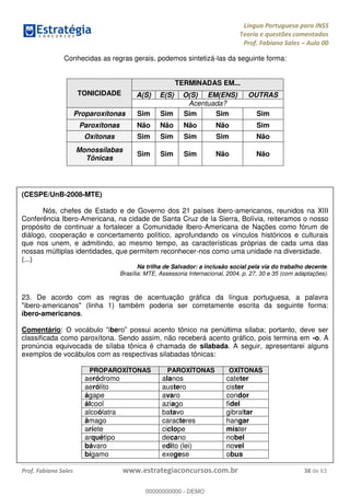 Língua Portuguesa para INSS
Teoria e questões comentadas
Prof. Fabiano Sales Aula 00
Prof. Fabiano Sales www.estrategiaconcursos.com.br 38 de 63
Conhecidas as regras gerais, podemos sintetizá-las da seguinte forma:
TONICIDADE
TERMINADAS EM...
A(S) E(S) O(S) EM(ENS) OUTRAS
Acentuada?
Proparoxítonas Sim Sim Sim Sim Sim
Paroxítonas Não Não Não Não Sim
Oxítonas Sim Sim Sim Sim Não
Monossílabas
Tônicas
Sim Sim Sim Não Não
(CESPE/UnB-2008-MTE)
Nós, chefes de Estado e de Governo dos 21 países ibero-americanos, reunidos na XIII
Conferência Ibero-Americana, na cidade de Santa Cruz de la Sierra, Bolívia, reiteramos o nosso
propósito de continuar a fortalecer a Comunidade Ibero-Americana de Nações como fórum de
diálogo, cooperação e concertamento político, aprofundando os vínculos históricos e culturais
que nos unem, e admitindo, ao mesmo tempo, as características próprias de cada uma das
nossas múltiplas identidades, que permitem reconhecer-nos como uma unidade na diversidade.
(...)
Na trilha de Salvador: a inclusão social pela via do trabalho decente.
Brasília: MTE, Assessoria Internacional, 2004, p. 27, 30 e 35 (com adaptações).
23. De acordo com as regras de acentuação gráfica da língua portuguesa, a palavra
"ibero-americanos" (linha 1) também poderia ser corretamente escrita da seguinte forma:
íbero-americanos.
Comentário: be
classificada como paroxítona. Sendo assim, não receberá acento gráfico, pois termina em -o. A
pronúncia equivocada de sílaba tônica é chamada de silabada. A seguir, apresentarei alguns
exemplos de vocábulos com as respectivas silabadas tônicas:
PROPAROXÍTONAS PAROXÍTONAS OXÍTONAS
aeródromo alanos cateter
aerólito austero cister
ágape avaro condor
álcool aziago fidel
alcoólatra batavo gibraltar
âmago caracteres hangar
aríete ciclope mister
arquétipo decano nobel
bávaro edito (lei) novel
bígamo exegese obus
00000000000
00000000000 - DEMO
 