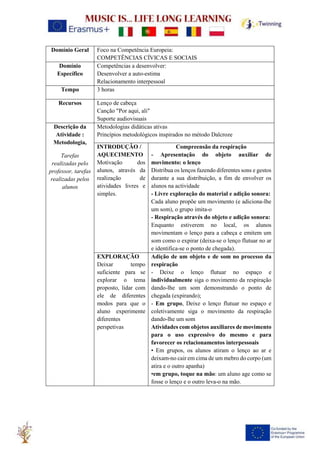 Domínio Geral Foco na Competência Europeia:
COMPETÊNCIAS CÍVICAS E SOCIAIS
Domínio
Específico
Competências a desenvolver:
Desenvolver a auto-estima
Relacionamento interpessoal
Tempo 3 horas
Recursos Lenço de cabeça
Canção "Por aqui, ali"
Suporte audiovisuais
Descrição da
Atividade :
Metodologia,
Tarefas
realizadas pelo
professor, tarefas
realizadas pelos
alunos
Metodologias didáticas ativas
Princípios metodológicos inspirados no método Dalcroze
INTRODUÇÃO /
AQUECIMENTO
Motivação dos
alunos, através da
realização de
atividades livres e
simples.
Compreensão da respiração
- Apresentação do objeto auxiliar de
movimento: o lenço
Distribua os lenços fazendo diferentes sons e gestos
durante a sua distribuição, a fim de envolver os
alunos na actividade
- Livre exploração do material e adição sonora:
Cada aluno propõe um movimento (e adiciona-lhe
um som), o grupo imita-o
- Respiração através do objeto e adição sonora:
Enquanto estiverem no local, os alunos
movimentam o lenço para a cabeça e emitem um
som como o expirar (deixa-se o lenço flutuar no ar
e identifica-se o ponto de chegada).
EXPLORAÇÃO
Deixar tempo
suficiente para se
explorar o tema
proposto, lidar com
ele de diferentes
modos para que o
aluno experimente
diferentes
perspetivas
Adição de um objeto e de som no processo da
respiração
- Deixe o lenço flutuar no espaço e
individualmente siga o movimento da respiração
dando-lhe um som demonstrando o ponto de
chegada (expirando);
- Em grupo, Deixe o lenço flutuar no espaço e
coletivamente siga o movimento da respiração
dando-lhe um som
Atividades com objetos auxiliares de movimento
para o uso expressivo do mesmo e para
favorecer os relacionamentos interpessoais
• Em grupos, os alunos atiram o lenço ao ar e
deixam-no cair em cima de um mebro do corpo (um
atira e o outro apanha)
•em grupo, toque na mão: um aluno age como se
fosse o lenço e o outro leva-o na mão.
 