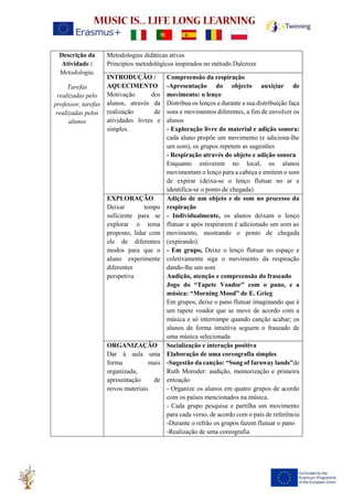 Descrição da
Atividade :
Metodologia,
Tarefas
realizadas pelo
professor, tarefas
realizadas pelos
alunos
Metodologias didáticas ativas
Princípios metodológicos inspirados no método Dalcroze
INTRODUÇÃO /
AQUECIMENTO
Motivação dos
alunos, através da
realização de
atividades livres e
simples.
Compreensão da respiração
-Apresentação do objecto auxiçiar de
movimento: o lenço
Distribua os lenços e durante a sua distribuição faça
sons e movimentos diferentes, a fim de envolver os
alunos
- Exploração livre do material e adição sonora:
cada aluno propõe um movimento (e adiciona-lhe
um som), os grupos repetem as sugestões
- Respiração através do objeto e adição sonora
Enquanto estiverem no local, os alunos
movimentam o lenço para a cabeça e emitem o som
de expirar (deixa-se o lenço flutuar no ar e
identifica-se o ponto de chegada).
EXPLORAÇÃO
Deixar tempo
suficiente para se
explorar o tema
proposto, lidar com
ele de diferentes
modos para que o
aluno experimente
diferentes
perspetiva
Adição de um objeto e de som no processo da
respiração
- Individualmente, os alunos deixam o lenço
flutuar e após respirarem é adicionado um som ao
movimento, mostrando o ponto de chegada
(expirando).
- Em grupo, Deixe o lenço flutuar no espaço e
coletivamente siga o movimento da respiração
dando-lhe um som
Audição, atenção e compreensão do fraseado
Jogo do “Tapete Voador” com o pano, e a
música: “Morning Mood” de E. Grieg
Em grupos, deixe o pano flutuar imaginando que é
um tapete voador que se move de acordo com a
música e só interrompe quando canção acabar; os
alunos de forma intuitiva seguem o fraseado de
uma música selecionada
ORGANIZAÇÃO
Dar à aula uma
forma mais
organizada,
apresentação de
novos materiais
Socialização e interação positiva
Elaboração de uma coreografia simples
-Sugestão da canção: “Song of faraway lands”de
Ruth Moroder: audição, memorização e primeira
entoação
- Organize os alunos em quatro grupos de acordo
com os países mencionados na música.
- Cada grupo pesquisa e partilha um movimento
para cada verso, de acordo com o país de referência
-Durante o refrão os grupos fazem flutuar o pano
-Realização de uma coreografia
 