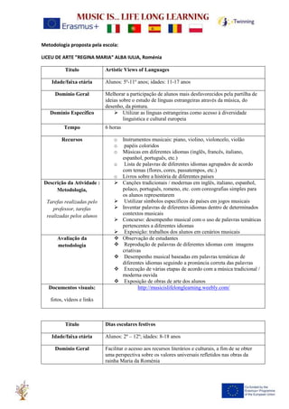 Metodologia proposta pela escola:
LICEU DE ARTE ”REGINA MARIA” ALBA IULIA, Roménia
Título Artistic Views of Languages
Idade/faixa etária Alunos: 5º-11º anos; idades: 11-17 anos
Domínio Geral Melhorar a participação de alunos mais desfavorecidos pela partilha de
ideias sobre o estudo de línguas estrangeiras através da música, do
desenho, da pintura.
Domínio Específico ➢ Utilizar as línguas estrangeiras como acesso à diversidade
linguística e cultural europeia
Tempo 6 horas
Recursos o Instrumentos musicais: piano, violino, violoncelo, violão
o papéis coloridos
o Músicas em diferentes idiomas (inglês, francês, italiano,
espanhol, português, etc.)
o Lista de palavras de diferentes idiomas agrupados de acordo
com temas (flores, cores, passatempos, etc.)
o Livros sobre a história de diferentes países
Descrição da Atividade :
Metodologia,
Tarefas realizadas pelo
professor, tarefas
realizadas pelos alunos
➢ Canções tradicionais / modernas em inglês, italiano, espanhol,
polaco, português, romeno, etc. com coreografias simples para
os alunos representarem
➢ Ustilizar símbolos específicos de países em jogos musicais
➢ Inventar palavras de diferentes idiomas dentro de determinados
contextos musicais
➢ Concurso: desempenho musical com o uso de palavras temáticas
pertencentes a diferentes idiomas
➢ Exposição: trabalhos dos alunos em cenários musicais
Avaliação da
metodologia
❖ Observação de estudantes
❖ Reprodução de palavras de diferentes idiomas com imagens
criativas
❖ Desempenho musical baseadas em palavras temáticas de
diferentes idiomas seguindo a pronúncia correta das palavras
❖ Execução de várias etapas de acordo com a música tradicional /
moderna ouvida
❖ Exposição de obras de arte dos alunos
Documentos visuais:
fotos, vídeos e links
http://musicislifelonglearning.weebly.com/
Título Dias escolares festivos
Idade/faixa etária Alunos: 2º – 12º; idades: 8-18 anos
Domínio Geral Facilitar o acesso aos recursos literários e culturais, a fim de se obter
uma perspectiva sobre os valores universais refletidos nas obras da
rainha Maria da Roménia
 