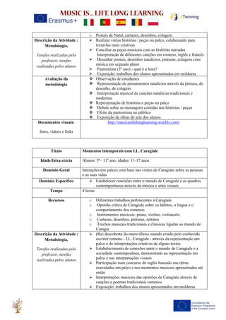 o Postais de Natal, cartazes, desenhos, colagem
Descrição da Atividade :
Metodologia,
Tarefas realizadas pelo
professor, tarefas
realizadas pelos alunos
➢ Realizar várias histórias / peças no palco, colaborando para
torná-las mais criativas
➢ Conciliar as peças musicais com as histórias narradas
Interpretação de diferentes canções em romeno, inglês e francês
➢ Desenhar postais, desenhos natalícios, pinturas, colagens com
música em segundo plano
➢ Pantomima (3º ano) - qual é a hora?
➢ Exposição: trabalhos dos alunos apresentados em molduras
Avaliação da
metodologia
❖ Observação de estudantes
❖ Representação de pensamentos natalícios através da pintura, do
desenho, de colagem
❖ Interpretação musical de canções natalicias tradicionais e
modernas
❖ Representação de histórias e peças no palco
❖ Debate sobre as mensagens contidas nas histórias / peças
❖ Efeito da pantomima no público
❖ Exposição de obras de arte dos alunos
Documentos visuais:
fotos, vídeos e links
http://musicislifelonglearning.weebly.com/
Título Momentos intemporais com I.L. Caragiale
Idade/faixa etária Alunos: 5º– 11º ano; idades: 11-17 anos
Domínio Geral Interações (no palco) com base nas visões de Caragiale sobre as pessoas
e as suas vidas
Domínio Específico ➢ Estabelecer conexões entre o mundo de Caragiale e os quadros
contemporâneos através da música e artes visuais
Tempo 4 horas
Recursos o Diferentes trabalhos pertencentes a Caragiale
o Opinião crítica de Caragiale sobre os hábitos, a língua e o
comportamento dos romenos
o Instrumentos musicais: piano, violino, violoncelo
o Cartazes, desenhos, pinturas, retratos
o Trechos musicais tradicionais e clássicas ligadas ao mundo de
Caragia
Descrição da Atividade :
Metodologia,
Tarefas realizadas pelo
professor, tarefas
realizadas pelos alunos
➢ (Re) descoberta do maravilhoso mundo criado pelo conhecido
escritor romeno - I.L. Caragiale - através da representação em
palco e de interpretações criativas de alguns textos
➢ Estabelecimento de conexões entre o mundo de Caragiale e a
sociedade contemporânea, demonstrado na representação em
palco e nas interpretações visuais
➢ Participação num concurso de inglês baseado nas obras
executadas em palco e nos momentos musicais apresentados até
então
➢ Interpretações musicais das opiniões de Caragiale através de
canções e poemas tradicionais romenos
➢ Exposição: trabalhos dos alunos apresentados em molduras
 