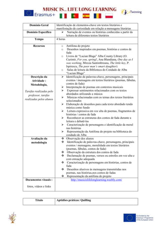 Domínio Geral Identificação de elementos-chave em textos literários e
manifestação de curiosidade em relação a mensagens literárias
Domínio Específico ➢ Narração de eventos ou histórias conhecidas a partir da
leitura de diferentes textos literários
Tempo 4 horas
Recursos o Antífona do projeto
o Desenhos inspirados em poemas, histórias e contos de
fada
o Livros de “Lucian Blaga” Alba County Library (O.
Cazimir, For you, spring!, Ana Blandiana, One day as I
was working, Mircea Santimbreanu, The little key, P.
Ispirescu, The poor man’s smart daughter)
o Salas de leitura da Biblioteca do Condado de Alba
“Lucian Blaga”
Descrição da
Atividade :
Metodologia,
Tarefas realizadas pelo
professor, tarefas
realizadas pelos alunos
➢ Identificação de palavras-chave, personagens, principais
eventos / mensagens em textos literários (poemas, fábulas,
contos de fada)
➢ Interpretação de poemas em contextos musicais
➢ Expressar sentimentos relacionados com os textos
abordados utilizando a música
➢ Músicas relacionadas com os temas dos textos literários
selecionados
➢ Elaboração de desenhos para cada texto abordado tendo
música como fundo
➢ Leitura expressiva em voz alta de poemas, fragmentos de
histórias / contos de fada
➢ Reconhecer as estruturas dos contos de fada durante a
leitura e debatê-las
➢ Caracterização de personagens e identificação da moral
nas histórias
➢ Representação da Antífona do projeto na biblioteca do
condado de Alba
Avaliação da
metodologia
❖ Observação dos alunos
❖ Identificação de palavras-chave, personagens, principais
eventos / mensagens, moralidade em textos literários
(poemas, fábulas, contos de fada)
❖ Observação da estrutura dos contos de fada
❖ Declamação de poemas, versos ou estrofes em voz alta e
com entoação adequada
❖ Caracterização de personagens em histórias, contos de
fada
❖ Desenhos alusivos às mensagens transmitidas nos
poemas, nas histórias,nos contos de fadas
❖ Representação da antífona do projeto
Documentos visuais :
fotos, vídeos e links
http://musicislifelonglearning.weebly.com/
Título Aptidões práticas: Quilling
 