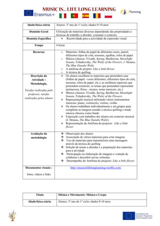 Idade/faixa etária Alunos: 3º ano do 1º ciclo; idades:9-10 anos
Domínio Geral Utilização de materiais diversos dependendo das propriedades e
técnicas de trabalho a abordar, conoante o contexto
Domínio Específico ➢ Recetividade para a actividade de expressão visual
Tempo 4 horas
Recursos o Materiais: folhas de papel de diferentes cores, painel,
diferentes tipos de cola, tesouras, agulhas, rolos de papel
o Música clássica: Vivaldi, Spring, Beethoven, Moonlight
Sonata, Tchaikovsky, The Waltz of the Flowers, J. Strauss,
The Blue Danube Waltz
o A antífona do projeto: Like a little flower
o A técnica de quilling
Descrição da
Atividade :
Metodologia,
Tarefas realizadas pelo
professor, tarefas
realizadas pelos alunos
➢ Os alunos escolhem os materiais que pretendem usar
(folhas de papel - cores diferentes, diferentes tipos de cola,
tesouras, rolos de papel, etc.), as molduras espaciais que
pretendem construir, os temas que pretendem representar
(primavera, flores , insetos, notas musicais, etc.)
➢ Música clássica: Vivaldi, Spring, Beethoven, Moonlight
Sonata, Tchaikovsky, The Waltz of the Flowers
➢ Representação musical utilizando vários instrumentos
musicais: piano, violoncelo, violino, violão
➢ Os alunos trabalham individualmente e em grupos para
completar as imagens usando a técnica quilling e tendo
música clássica como fundo
➢ Exposição com trabalhos dos alunos em contexto musical
(J. Strauss, The Blue Danube Waltz)
➢ Representação da Antífona do projecto: Like a little
flower
Avaliação da
metodologia
❖ Observação dos alunos
❖ Associação de vários materiais para criar imagens
❖ Uso de materiais para transmitirem uma mensagem
através da técnica de quilling
❖ Seleção de temas a abordar e a preparação dos materiais
para a atividade
❖ Participação na elaboração de imagens e vontade de
colaborar e descobrir novas vertentes
❖ Desempenho do Antífona do projecto: Like a little flower
Documentos visuais :
fotos, vídeos e links
http://musicislifelonglearning.weebly.com/
Título Música e Movimento: Música e Corpo
Idade/faixa etária Alunos: 3º ano do 1º ciclo; idades:9-10 anos
 