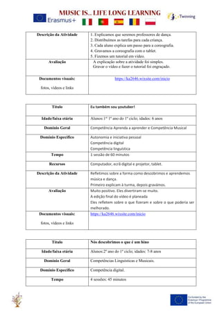 Descrição da Atividade 1. Explicamos que seremos professores de dança.
2. Distribuímos as tarefas para cada criança.
3. Cada aluno explica um passo para a coreografia.
4. Gravamos a coreografia com o tablet.
5. Fizemos um tutorial em vídeo.
Avaliação A explicação sobre a atividade foi simples.
Gravar o vídeo e fazer o tutorial foi engraçado.
Documentos visuais:
fotos, vídeos e links
https://ka2646.wixsite.com/inicio
Título Eu também sou youtuber!
Idade/faixa etária Alunos:1st
1º ano do 1º ciclo; idades: 6 anos
Domínio Geral Competência Aprenda a aprender e Competência Musical
Domínio Específico Autonomia e iniciativa pessoal
Competência digital
Competência linguística
Tempo 1 sessão de 60 minutos
Recursos Computador, ecrã digital e projetor, tablet.
Descrição da Atividade Refletimos sobre a forma como descobrimos e aprendemos
música e dança.
Primeiro explicam à turma, depois gravámos.
Avaliação Muito positivo. Eles divertiram-se muito.
A edição final do vídeo é planeada
Eles refletem sobre o que fizeram e sobre o que poderia ser
melhorado.
Documentos visuais:
fotos, vídeos e links
https://ka2646.wixsite.com/inicio
Título Nós descobrimos o que é um hino
Idade/faixa etária Alunos:2º ano do 1º ciclo; idades: 7-8 anos
Domínio Geral Competências Linguísticas e Musicais.
Domínio Específico Competência digital.
Tempo 4 sessões: 45 minutos
 
