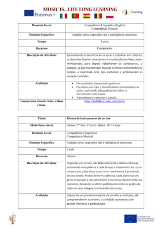 Domínio Geral Competência Linguística (Inglês)
Competência Musical
Domínio Específico Audição ativa, expressão oral e inteligência emocional
Tempo 3 aulas
Recursos Computador
Descrição da Atividade Aproveitando o benefício de se estar a trabalhar em robótica,
os docentes fizeram uma primeira visualização do vídeo, acima
mencionado, para depois trabalharem os condicionais, a
audição, já que tiveram que praticar os lemas transmitidos na
canção, a expressão oral, pois cantaram e gesticularam as
emoções sentidas.
Avaliação • Os resultados foram muito positivos.
• Os alunos ouviram e identificaram correctamente as
ações, realizando adequadamente todos os
movimentos solicitados.
• Aprenderam e cantaram a canção.
Documentos visuais: fotos, vídeos
e links.
https://ka2646.wixsite.com/inicio
Título Ritmos de instrumentos de cordas
Idade/faixa etária Alunos: 5º Ano, 2º ciclo: idades: 10, 11 anos
Domínio Geral Competência Linguística
Competência Musical
Domínio Específico Audição ativa, expressão oral e inteligência emocional
Tempo 1 aula
Recursos Alunos
Descrição da Atividade Dispostas em círculo, são feitas diferentes cadeias rítmicas,
associando uma palavra a cada tempo e movimento do corpo
(nesse caso, cada aluno associa um movimento à pronúncia
de seu nome). Postos de forma idêntica, cada aluno faz um
gesto associado a um sentimento e os outros devem imitar os
restantes, deixando, o último participante imita os gestos de
todos os seus colegas, terminando com o seu.
Avaliação Depois de um primeiro instante de barulho e confusão, até
compreenderem as ordens, a atividade aconteceu com
grande interesse e participação.
 
