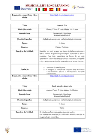 Documentos visuais: fotos, vídeos
e links.
https://ka2646.wixsite.com/inicio
Título Jogo do Eco
Idade/faixa etária Alunos: 5º Ano, 2º ciclo: idades: 10, 11 anos
Domínio Geral Competência Linguística
Competência Musical
Domínio Específico Audição ativa, expressão oral e inteligência emocional
Tempo 4 Aulas
Recursos Flauta e Partituras
Descrição da Atividade Divididos em dois grupos, os alunos trabalham primeiro a
leitura rítmica da partitura para depois realizarem a leitura
melódica. Para isso, trabalha-se na forma de um eco,
aprendendo a ouvir-nos a nós próprios e aos outros; a respeitar
a vez e a controlar a atenção para se tocar no tempo correto.
Avaliação
• A atitude foi aperfeiçoada;
• Conseguiu-se alcançar um adequado nível de silêncio
e de interesse a fim de se desenvolver a atividade
corretamente.
Documentos visuais: fotos, vídeos
e links.
https://ka2646.wixsite.com/inicio
Título Desde a música à narração
Idade/faixa etária Alunos: 5º ano, 2º ciclo: idades: 10, 11 anos
Domínio Geral Competência Linguística
Competência Musical
Domínio Específico Audição ativa, expressão oral e inteligência emocional
Tempo 4 Aulas
Recursos Tablet
Descrição da Atividade Os estudantes foram agrupados quatro a quatro.
Eles receberam uma canção, sobre uma história, em que as
imagens foram removidas.
 