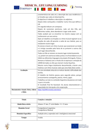 características de cada um, a descrição das suas residências e
as funções que cada um desempenha.
O objectivo é trabalhar a descrição e os adjetivos.
Depois disto começarão a trabalhar numa rima que defina o
clã.
Em seguida indicam um compasso.
Depois de sucessivas aventuras, cada um dos Clãs, por
diferentes razões, deve abandonar o lugar onde vivem.
Todos acabam por se encontrar no mesmo espaço sem se
conhecerem uns aos outros.
Após se trabalhar as emoções e o ritmo musical registam-se as
reações de cada clã perante a saída de seu habitat, para se
instalarem noutro lugar.
Os alunos criaram um ritmo musical, que associaram ao medo
e à intriga causados pelo facto de se juntarem a outros clãs
num lugar desconhecido.
Todos os Clãs se reúnem no mesmo lugar misteriosamente.
Lá, partem em aventuras todos juntos e no final elabora-se um
HAKA nas diferentes linguagens do projeto (Português, Polaco,
Romeno e Italiano) com o intuito de se expressar a emoção da
UNIÃO de todos os clãs que viveram muitas façanhas.
Mesmo numa língua totalmente desconhecida, criaram uma
história e um ritmo musical, tudo que uma Haka deve conter.
Avaliação Foi uma atividade árdua de se realizar devido à dificuldade das
tarefas.
O trabalho da história passou para segundo plano, porque
acrescentamos coreografia, poesia, ritmos, jogos.
Trabalhou-se mais no conteúdo linguístico da poesia e em tudo
o que a circunda.
O resultado final foi favorável. Os alunos desenvolveram a
capacidade de interajuda e de cooperação.
Documentos visuais: fotos, vídeos
e links
https://ka2646.wixsite.com/inicio
Título Canções e emoções
Idade/faixa etária Alunos: 6º ano, 2º ciclo:Idades: 11, 12 anos
Domínio Geral Competência Linguística
Competência Musical
Domínio Específico Audição ativa, expressão oral e inteligência emocional
Tempo 4 aulas
 