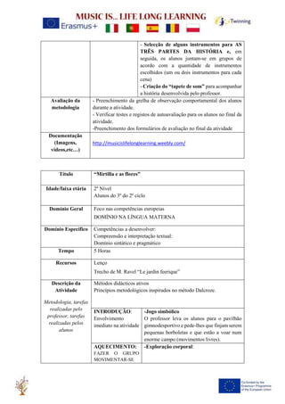 - Selecção de alguns instrumentos para AS
TRÊS PARTES DA HISTÓRIA e, em
seguida, os alunos juntam-se em grupos de
acordo com a quantidade de instrumentos
escolhidos (um ou dois instrumentos para cada
cena)
- Criação do “tapete de som” para acompanhar
a história desenvolvida pelo professor.
Avaliação da
metodologia
- Preenchimento da grelha de observação comportamental dos alunos
durante a atividade.
- Verificar testes e registos de autoavaliação para os alunos no final da
atividade.
-Preenchimento dos formulários de avaliação no final da atividade
Documentação
(Imagens,
videos,etc…)
http://musicislifelonglearning.weebly.com/
Título “Mirtilla e as flores”
Idade/faixa etária 2º Nível
Alunos do 3º do 2º ciclo
Domínio Geral Foco nas competências europeias
DOMÍNIO NA LÍNGUA MATERNA
Domínio Específico Competências a desenvolver:
Compreensão e interpretação textual:
Domínio sintático e pragmático
Tempo 5 Horas
Recursos Lenço
Trecho de M. Ravel “Le jardin feerique”
Descrição da
Atividade
Metodologia, tarefas
realizadas pelo
professor, tarefas
realizadas pelos
alunos
Métodos didácticos ativos
Princípios metodológicos inspirados no método Dalcroze.
INTRODUÇÃO:
Envolvimento
imediato na atividade
-Jogo simbólico
O professor leva os alunos para o pavilhão
gimnodesportivo e pede-lhes que finjam serem
pequenas borboletas e que estão a voar num
enorme campo (movimentos livres).
AQUECIMENTO:
FAZER O GRUPO
MOVIMENTAR-SE
-Exploração corporal:
 
