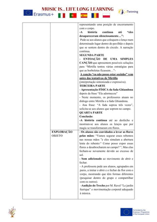 representando uma posição de encerramento
com o corpo.
-A história continua até “eles
desapareceram silenciosamente…”:
Pede-se aos alunos que coloquem o lenço num
determinado lugar dentro do pavilhão e depois
que se sentem dentro do círculo. A narração
continua.
SEGUNDA PARTE
- ENTOAÇÃO DE UMA SIMPLES
CANÇÃO que apresentem possíveis soluções
para “Mirtilla tentou várias estratégias para
que as borboletas ficassem…”-
A canção “eu não posso estar sozinho” vem
antes das tentativas de Mirtilla
(interpretação sintonizada e expressiva).
TERCEIRA PARTE
- Apresentação FÍSICA da fada Ghiandona
depois da frase “Ela adormeceu”
- Neste momento, os professores atuam no
diálogo entre Mirtilla e a fada Ghiandona.
- Ana frase: “A fada soprou três vezes”,
solicita-se aos alunos que soprem no campo.
QUARTA PARTE
Conclusão:
-A história continua até ao desfecho e
mostram-se aos alunos os lenços que por
magia se transformaram em flores.
EXPLORAÇÃO
OBJETO
- Os alunos são convidados a levar as flores
pelas mãos: “Vamos segurar esses rebentos
nas nossas mãos ”e eles simulam a abertura
lenta do rebento:“ Como posso expor essas
flores a desabrocharem no campo? ”, Mas elas
fecham-se novamente devido ao excesso de
sol.
- Som adicionado ao movimento de abrir e
fechar.
- A professora pede aos alunos, agrupados em
pares, a imitar o abrir e o fechar da flor com o
corpo, mostrando que têm formas diferentes
(pesquisar dentro do grupo e compartilhar
com os outros).
-Audição do Trecho por M. Ravel “Le jardin
feerique” e movimentação corporal adequado
à música.
 