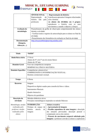 SÍNTESE FINAL:
Representação da
história lida pela
professora
- Representação da história:
A professora apresenta 4 imagens relacionadas
com a história.
-os alunos são divididos em 4 grupos:
reproduzem a história com os seus
movimentos e usando o objecto ( o lenço).
Avaliação da
metodologia
Preenchimento da grelha de observação comportamental dos alunos
durante a atividade.
- Verificar testes e registos de autoavaliação para os alunos no final da
atividade.
-Preenchimento dos formulários de avaliação no final da atividade
Documentação
(Imagens,
videos,etc…)
http://musicislifelonglearning.weebly.com/
Título “DJIDI”
Idade/faixa etária 3º Nível
Alunos do 4º e do 5º ano do ensino básico
Alunos do 10º ano.
Domínio Geral Foco nas competências europeias
DOMÍNIO NA LÍNGUA MATERNA
Domínio Específico Competências a desenvolver:
COMPREENSÃO E INTERPRETAÇÃO TEXTUAL:
Domínio extratextual e textual.
Tempo 6 Horas
Recursos Imagens
Dispositivos digitais usados para consulta de fotos e vídeos.
Instrumentos Musicais
Quadro Interactivo
Objectos do quotidiano
Descrição da
Atividade
Metodologia, tarefas
realizadas pelo
professor, tarefas
realizadas pelos
alunos
Métodos didácticos ativos
Princípios metodológicos inspirados no método Dalcroze
INTRODUÇÃO:
Prolepse do espaço da
história através de
imagens
-leitura evocativa
- Apresentação de imagens
- Escolha espontânea de uma imagem e descrição
das emoções provocadas: descrição pessoal e
comparação com as dos outros).
- Procura do movimento corporal solicitado pela
imagem: o professor convida os alunos a explorarem
 