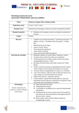 Metodologia proposta pela escola:
LICEU D’ARTE ”REGINA MARIA” ALBA IULIA, ROMÉNIA
Título Primavera chegou: flores, abelhas, jardins
Idade/faixa etária 8 Anos / 2º
ano, 1º ciclo
Domínio Geral Expressão oral/ mensagens escritas em contexto comunicativo familiar
Domínio Específico ➢ Produção oral/ mensagens escritas em situações comunicativas
diversas
Tempo 6 Horas
Recursos o Folhetos com as letras das músicas: “A primavera está aqui”, “A
abelha e as flores”, “Os jardins estão florescendo”, “A dama
Flor”
o Musical Scores for all songs
o Antonio Vivaldi: Spring
o Fotos ilustrando a primavera
o Piano, flauta, violoncelo
o Fichas com divisão silábica de palavras
Descrição da Atividade ➢ Interpretar canções (voz, piano, flauta, violoncelo, violino)
➢ Executar várias canções de acordo com as partituras
➢ Divisão de palavras em sílabas usando as letras das canções
acompanhadas por piano / violino
➢ Resolução de tarefas tendo como fundo a música de Vivaldi:
Spring
➢ Cantar as rimas das canções acompanhadas pelo piano, flauta e
violino e depois resolver tarefas relacionadas com a mesma.
➢ Executar músicas acompanhando-as ao piano e ao violoncelo
➢ Usar versos rítmicos / palavras, bater as mãos nas mesas ou no
corpo, usando-as como instrumento de percussão
➢ Desenvolver palavras / expressões musicais
➢ Cantar canções e registar determinadas palavras: para cada
instrumento musical, palavras e expressões em específico foram
selecionadas para consolidação da temática
Metodologia,
Tarefas realizadas pelo
professor, tarefas realizadas
pelos alunos
❖ Observação direta de alunos
❖ Interpretação de canções
❖ Assimilação de vocabulário novo, através de determinados
instrumentos
❖ Reconhecimento de novas aceções através da execução de
uma música por vários instrumentos (ancoragem memorial
através de sons / música)
❖ Breves tarefas sobre a divisão silábica de palavras,
acompanhadas ao piano
 
