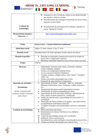 ❖ Enquanto se ouve violoncelo, realiza-se um ditado baseado
nas canções e músicas ouvidas.
❖ Reconhecimento da mensagem transmitida nos textos/ letras,
enquanto se ouve flauta.
❖ Preenchimento dos formulários de avaliação, enquanto se
escuta “Spring”de Vivaldi
Documentação (Imagens,
videos,etc…)
http://musicislifelonglearning.weebly.com/
Título Poesia Lírica – Canções folclóricas tradicionais
Idade/faixa etária Idades:12 Anos; Alunos: 6º
ano, 2º ciclo
Domínio Geral Reconhecimento de várias tipologias textuais através da música
Domínio Específico ➢ Participar em interações comunicativas através da criação de
textos orais e composições musicais.
➢ Manifestar identidade linguística num contexto (inter) nacional
Tempo 6 Horas
Recursos o Instrumentos musicais como: piano, violoncelo, clarinete,
violino, triângulo, pandeiro
o Fichas com composições literárias líricas
o Livros com textos literários folclóricos
o Cartazes, pinturas, colagem sobre o tema “doina”, “tarantela”,
“fado”, etc.
o Fichas com tarefas relacionadas com o texto
o Exposição de trajes folclóricos tradicionais
Descrição da Atividade :
Metodologia,
tarefas realizadas pelo
professor, tarefas realizadas
pelos alunos
➢ Apresentação de 'doina' / 'tarantella' / 'fado' etc. utilizando
diferentes instrumentos como: violoncelo, violino, clarinete e
voz
➢ Interpretação das peças usando instrumentos musicais
➢ Desempenho de grupo acompanhada por piano
➢ Apresentação do texto da canção folclórica e identificação do
tema, causas, recursos expressivos, versificação
➢ Análise da conexão entre a musicalidade do texto escrito e a
versificação
➢ Realização da música folclórica em grupos / com toda a turma
acompanhada de instrumentos musicais
➢ Comparar anotações com interpretações musicais e exposições
orais
Avaliação da metodologia ❖ Observação direta dos alunos
❖ Interpretações de músicas folclóricas (voz, múltiplos
instrumentos)
❖ Fusões de musicalidade textual com versificação
❖ Análise de rimas e tema do texto
❖ Atividades breves sobre definição e classificação da poesia lírica
❖ Fichas com tarefas relacionadas com a poesia lírica
Avaliação da
metodologia
 