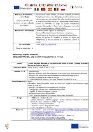 Descrição da Atividade :
Metodologia
Tarefas realizadas pelo
professor, tarefas realizadas
pelos alunos
Nas aulas de língua materna, os alunos exploram diferentes
“lengalengas” e suas rimas. Em grupos, os alunos criam gestos
e apresentam-nos aos colegas. Nas aulas seguintes, exploram
as palavras no quadro interativo e separam-nas silabicamente,
usando os batimentos do corpo ou alguns instrumentos
musicais. De seguida, os alunos usam a linguagem corporal e
verbal enquanto se explora músicas infantis.
Avaliação da metodologia Observação direta e grelha de observação;
Desempenho dos alunos individualmente e em grupo;
Preenchimento de formulário de autoavaliação pelos alunos;
Registo na grelha de empenho e atitude do aluno na
interpretação de músicas infantis e na expressão corporal e
verbal.
Documentação
(Imagens, vídeos, etc…)
Fotos: https://goo.gl/eJmZDd
Metodologia proposta pela escola:
SZKOLA PODSTAWOWA NR 2 IM. JANA KOCHANOWSKIEGO, POLÓNIA
Título Língua materna: Recolha de vocabulário em torno do tema: Inverno. Segurança
durante as férias de inverno.
Idade/faixa etária Idades: 8 anos, Alunos:3º ano, 1º ciclo
Domínio Geral Língua materna:
- A música influencia a eficiência da mente, concentra e torna as aulas mais cativantes.
- A música tem uma influência positiva na aprendizagem da língua polaca.
- Vocabulário cuidado relacionado ao inverno
- Delinear hábitos de segurança a praticar durante a estação de inverno
Domínio Específico Aluno:
- Reconhece sons relacionados com o inverno - vento gelado, acidentes na neve, esqui,
guizos do trenó, etc.
- Identifica várias palavras relacionadas com o inverno
- Colabora com o grupo, ouve quando os outros falam
- Cuidados de segurança durante o inverno
- Melhora os movimentos do esquiador.
- Canta uma canção sobre o inverno e interpreta-a dançando.
Tempo - 1.5 Minutos – Audição de sons
- Approx. 10minutos – trabalho de grupo – escreve palavras, verificação do trabalho
através da leitura e fixação de cartões no quadro.
- 2 Minutos – intervalo para almoço
- 2 Minutos – canto e dança de uma canção
- Toda a aula demora 45 minutos.
Recursos - Efeitos sonoros – sons de inverno- https://ucze.pl/zasob/efekty-dzwiekowe-mrozny-
wiatr-skrzypienie-sniegu-dzwonki-san-jazda-na-
nartach/?segment=163&cycle=2141
- Música de CD de A. Vivaldi's: “the Four Seasons” - Winter” ou
https://www.youtube.com/watch?v=TjhbQDfI0rg
- C. Saint-Saens's melodia da série de carnaval animal - "Swan”-
 