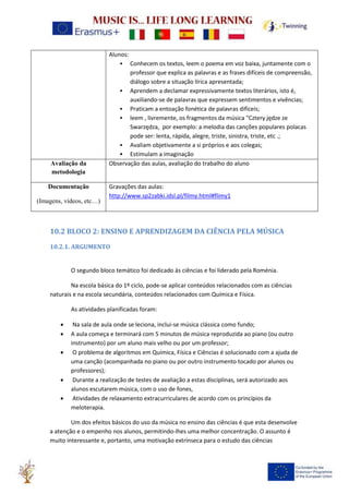 Alunos:
• Conhecem os textos, leem o poema em voz baixa, juntamente com o
professor que explica as palavras e as frases difíceis de compreensão,
diálogo sobre a situação lírica apresentada;
• Aprendem a declamar expressivamente textos literários, isto é,
auxiliando-se de palavras que expressem sentimentos e vivências;
• Praticam a entoação fonética de palavras difíceis;
• leem , livremente, os fragmentos da música "Cztery jędze ze
Swarzędza, por exemplo: a melodia das canções populares polacas
pode ser: lenta, rápida, alegre, triste, sinistra, triste, etc .;
• Avaliam objetivamente a si próprios e aos colegas;
• Estimulam a imaginação
Avaliação da
metodologia
Observação das aulas, avaliação do trabalho do aluno
Documentação
(Imagens, vídeos, etc…)
Gravações das aulas:
http://www.sp2zabki.idsl.pl/filmy.html#flimy1
10.2 BLOCO 2: ENSINO E APRENDIZAGEM DA CIÊNCIA PELA MÚSICA
10.2.1. ARGUMENTO
O segundo bloco temático foi dedicado às ciências e foi liderado pela Roménia.
Na escola básica do 1º ciclo, pode-se aplicar conteúdos relacionados com as ciências
naturais e na escola secundária, conteúdos relacionados com Química e Física.
As atividades planificadas foram:
• Na sala de aula onde se leciona, inclui-se música clássica como fundo;
• A aula começa e terminará com 5 minutos de música reproduzida ao piano (ou outro
instrumento) por um aluno mais velho ou por um professor;
• O problema de algoritmos em Química, Física e Ciências é solucionado com a ajuda de
uma canção (acompanhada no piano ou por outro instrumento tocado por alunos ou
professores);
• Durante a realização de testes de avaliação a estas disciplinas, será autorizado aos
alunos escutarem música, com o uso de fones,
• Atividades de relaxamento extracurriculares de acordo com os princípios da
meloterapia.
Um dos efeitos básicos do uso da música no ensino das ciências é que esta desenvolve
a atenção e o empenho nos alunos, permitindo-lhes uma melhor concentração. O assunto é
muito interessante e, portanto, uma motivação extrínseca para o estudo das ciências
 