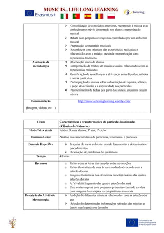 ➢ Consolidação de conteúdos anteriores, recorrendo à música e ao
conhecimento prévio despertado nos alunos: memorização
musical
➢ Debate com perguntas e respostas controladas por um ambiente
musical
➢ Preparação de materiais musicais
➢ Reconhecer sons oriundos das experiências realizadas e
relacioná-los com a música escutada: memorização som-
experiência-fenómeno
Avaliação da
metodologia
❖ Observação direta de alunos
❖ Interpretação de trechos de música clássica relacionados com as
experiências realizadas
❖ Identificação de semelhanças e diferenças entre líquidos, sólidos
e outras partículas
❖ Participação dos alunos sobre a dissolução de líquidos, sólidos,
o papel dos corantes e a capilaridade das partículas
❖ Preenchimento de fichas por parte dos alunos, enquanto ouvem
música
Documentação
(Imagens, vídeos, etc…)
http://musicislifelonglearning.weebly.com/
Título Características e transformações de partículas inanimadas
(Ciências da Natureza)
Idade/faixa etária Idades: 9 anos alunos: 3º ano, 1º ciclo
Domínio Geral Análise das características de partículas, fenómenos e processos
Domínio Específico ➢ Pesquisa do meio ambiente usando ferramentas e determinados
procedimentos
➢ Resolução de problemas do quotidiano
Tempo 4 Horas
Recursos o Fichas com as letras das canções sobre as estações
o Fichas ilustrativas de uma árvore mudando de acordo com a
estação do ano
o Imagens ilustrativas dos elementos caracterizadores das quatro
estações do ano
o A. Vivaldi (fragmento das quatro estações do ano)
o Uma cesta surpresa com pequenos presentes contendo cartões
com imagens das estações e com partituras musicais
Descrição da Atividade :
Metodologia,
➢ Audição de diferentes músicas relacionadas com as estações do
ano
➢ Seleção de determinadas informações retiradas das músicas e
depois sua legenda em desenho
 