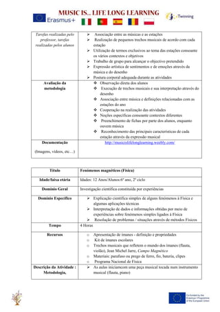 Tarefas realizadas pelo
professor, tarefas
realizadas pelos alunos
➢ Associação entre as músicas e as estações
➢ Realização de pequenos trechos musicais de acordo com cada
estação
➢ Utilização de termos exclusivos ao tema das estações consoante
os vários contextos e objetivos
➢ Trabalho de grupo para alcançar o objectivo pretendido
➢ Expressão artística de sentimentos e de emoções através da
música e do desenho
➢ Postura corporal adequada durante as atividades
Avaliação da
metodologia
❖ Observação direta dos alunos
❖ Execução de trechos musicais e sua interpretação através do
desenho
❖ Associação entre música e definições relacionadas com as
estações do ano
❖ Cooperação na realização das atividades
❖ Noções específicas consoante contextos diferentes
❖ Preenchimento de fichas por parte dos alunos, enquanto
ouvem música
❖ Reconhecimento das principais características de cada
estação através da expressão musical
Documentação
(Imagens, vídeos, etc…)
http://musicislifelonglearning.weebly.com/
Título Fenómenos magnéticos (Física)
Idade/faixa etária Idades: 12 Anos/Alunos:6º ano, 2º ciclo
Domínio Geral Investigação científica constituída por experiências
Domínio Específico ➢ Explicação científica simples de alguns fenómenos à Física e
algumas aplicações técnicas
➢ Interpretação de dados e informações obtidas por meio de
experiências sobre fenómenos simples ligados à Física
➢ Resolução de problemas / situações através de métodos Físicos
Tempo 4 Horas
Recursos o Apresentação de ímanes - definição e propriedades
o Kit de ímanes escolares
o Trechos musicais que refletem o mundo dos ímanes (flauta,
violão), Jean Michel Jarre, Campo Magnético
o Materiais: parafuso ou prego de ferro, fio, bateria, clipes
o Programa Nacional de Física
Descrição da Atividade :
Metodologia,
➢ As aulas iniciamcom uma peça musical tocada num instrumento
musical (flauta, piano)
 