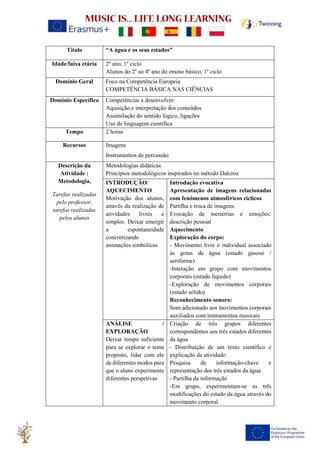 Título “A água e os seus estados”
Idade/faixa etária 2º ano, 1º ciclo
Alunos do 2º ao 4º ano do ensino básico, 1º ciclo
Domínio Geral Foco na Competência Europeia
COMPETÊNCIA BÁSICA NAS CIÊNCIAS
Domínio Específico Competências a desenvolver:
Aquisição e interpretação dos conteúdos
Assimilação do sentido lógico, ligações
Uso de linguagem científica
Tempo 2 horas
Recursos Imagens
Instrumentos de percussão
Descrição da
Atividade :
Metodologia,
Tarefas realizadas
pelo professor,
tarefas realizadas
pelos alunos
Metodologias didáticas
Princípios metodológicos inspirados no método Dalcroz
INTRODUÇÃO/
AQUECIMENTO
Motivação dos alunos,
através da realização de
atividades livres e
simples. Deixar emergir
a espontaneidade
concretizando
animações simbólicas
Introdução evocativa
Apresentação de imagens relacionadas
com fenómenos atmosféricos cíclicos
Partilha e troca de imagens.
Evocação de memórias e emoções:
descrição pessoal
Aquecimento
Exploração do corpo:
- Movimento livre e individual associado
às gotas de água (estado gasoso /
aeriforme)
-Interação em grupo com movimentos
corporais (estado líquido)
-Exploração de movimentos corporais
(estado sólido)
Reconhecimento sonoro:
Som adicionado aos movimentos corporais
auxiliados com instrumentos musicais
ANÁLISE /
EXPLORAÇÃO
Deixar tempo suficiente
para se explorar o tema
proposto, lidar com ele
de diferentes modos para
que o aluno experimente
diferentes perspetivas
Criação de três grupos diferentes
correspondentes aos três estados diferentes
da água
- Distribuição de um texto científico e
explicação da atividade:
Pesquisa de informação-chave e
representação dos três estados da água
- Partilha da informação
-Em grupo, experimentam-se as três
modificações do estado da água através do
movimento corporal.
 