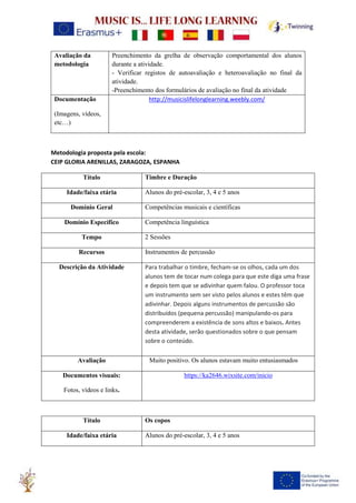 Avaliação da
metodologia
Preenchimento da grelha de observação comportamental dos alunos
durante a atividade.
- Verificar registos de autoavaliação e heteroavaliação no final da
atividade.
-Preenchimento dos formulários de avaliação no final da atividade
Documentação
(Imagens, vídeos,
etc…)
http://musicislifelonglearning.weebly.com/
Metodologia proposta pela escola:
CEIP GLORIA ARENILLAS, ZARAGOZA, ESPANHA
Título Timbre e Duração
Idade/faixa etária Alunos do pré-escolar, 3, 4 e 5 anos
Domínio Geral Competências musicais e científicas
Domínio Específico Competência linguística
Tempo 2 Sessões
Recursos Instrumentos de percussão
Descrição da Atividade Para trabalhar o timbre, fecham-se os olhos, cada um dos
alunos tem de tocar num colega para que este diga uma frase
e depois tem que se adivinhar quem falou. O professor toca
um instrumento sem ser visto pelos alunos e estes têm que
adivinhar. Depois alguns instrumentos de percussão são
distribuídos (pequena percussão) manipulando-os para
compreenderem a existência de sons altos e baixos. Antes
desta atividade, serão questionados sobre o que pensam
sobre o conteúdo.
Avaliação Muito positivo. Os alunos estavam muito entusiasmados
Documentos visuais:
Fotos, vídeos e links.
https://ka2646.wixsite.com/inicio
Título Os copos
Idade/faixa etária Alunos do pré-escolar, 3, 4 e 5 anos
 