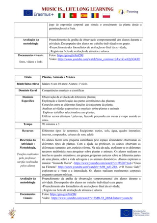jogo de expressão corporal que simula o crescimento da planta desde a
germinação até a fruta.
Avaliação da
metodologia
Preenchimento da grelha de observação comportamental dos alunos durante a
atividade. Desempenho dos alunos no trabalho individual e em grupo.
-Preenchimento dos formulários de avaliação no final da atividade;
; Registo na ficha de avaliação de atitudes e valores.
Documentos visuais:
fotos, vídeos e links
Fotos: https://goo.gl/eJmZDd
Video: https://www.youtube.com/watch?time_continue=2&v=Z-wh2p3GKZE
Título Plantas, Animais e Música
Idade/faixa etária Idades: 6 aos 10 anos: Alunos: 1º ciclo.
Domínio Geral Competências musicais e científicas
Domínio
Específico
Observação da evolução de diferentes plantas;
Exploração e identificação das partes constituintes das plantas;
Conexões entre as diferentes funções de cada parte da planta;
Analisar atividades expressivas e musicais sobre plantas e animais
Explorar trabalhos relacionados com plantas;
Utilizar versos rítmicos / palavras, fazendo percussão em mesas e corpo usando as
mãos.
Tempo 90 minutos x 3
Recursos Diferentes tipos de sementes; Recipientes vazios, solo, água, quadro interativo;
internet, computador, colunas de som, adufe.
Descrição da
Atividade :
Metodologia,
Tarefas realizadas
pelo professor,
tarefas realizadas
pelos alunos
Os alunos fazem uma pequena caminhada pelo espaço circundante observando os
diferentes tipos de plantas. Com a ajuda do professor, os alunos observam as
diferenças: tamanho; cor, espécie e forma. Na sala de aula, exploram-se os diferentes
recursos multimídia para pesquisar sobre plantas e animais. Os alunos realizam as
tarefas no quadro interativo e, em grupos, preparam cartazes sobre as diferentes partes
de uma planta, sobre a vida selvagem e os animais domésticos. Alunos exploram a
música: "Gosto de Flores" - https://www.youtube.com/watch?v=rJ356Jf71o4 e "Cuco
na Floresta" https://www.youtube.com/watch?v=8JM_nzE-ZR4, e“O Nosso Galo”
exploram-se o ritmo e a intensidade. Os alunos realizam movimentos corporais
enquanto cantam músicas.
Avaliação da
metodologia
Preenchimento da grelha de observação comportamental dos alunos durante a
atividade. Desempenho dos alunos no trabalho individual e em grupo.
-Preenchimento dos formulários de avaliação no final da atividade;
; Registo na ficha de avaliação de atitudes e valores
Documentos
visuais:
Fotos: https://goo.gl/eJmZDd
Video: https://www.youtube.com/watch?v=FMbL58_jtR8&feature=youtu.be
 