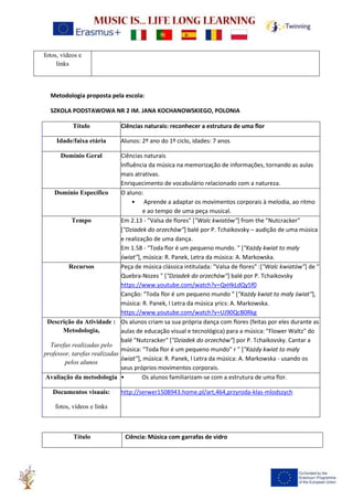 fotos, vídeos e
links
Metodologia proposta pela escola:
SZKOLA PODSTAWOWA NR 2 IM. JANA KOCHANOWSKIEGO, POLONIA
Título Ciências naturais: reconhecer a estrutura de uma flor
Idade/faixa etária Alunos: 2º ano do 1º ciclo, idades: 7 anos
Domínio Geral Ciências naturais
Influência da música na memorização de informações, tornando as aulas
mais atrativas.
Enriquecimento de vocabulário relacionado com a natureza.
Domínio Específico O aluno:
• Aprende a adaptar os movimentos corporais à melodia, ao ritmo
e ao tempo de uma peça musical.
Tempo Em 2.13 - "Valsa de flores" ["Walc kwiatów"] from the "Nutcracker"
["Dziadek do orzechów"] balé por P. Tchaikovsky – audição de uma música
e realização de uma dança.
Em 1.58 - "Toda flor é um pequeno mundo. " ["Każdy kwiat to mały
świat"], música: R. Panek, Letra da música: A. Markowska.
Recursos Peça de música clássica intitulada: "Valsa de flores" :["Walc kwiatów"] de "
Quebra-Nozes " ["Dziadek do orzechów"] balé por P. Tchaikovsky
https://www.youtube.com/watch?v=QxHkLdQy5f0
Canção: "Toda flor é um pequeno mundo " ["Każdy kwiat to mały świat"],
música: R. Panek, l Letra da música yrics: A. Markowska.
https://www.youtube.com/watch?v=UJ90QcB0Rkg
Descrição da Atividade :
Metodologia,
Tarefas realizadas pelo
professor, tarefas realizadas
pelos alunos
Os alunos criam sa sua própria dança com flores (feitas por eles durante as
aulas de educação visual e tecnológica) para a música: "Flower Waltz" do
balé "Nutcracker" ["Dziadek do orzechów"] por P. Tchaikovsky. Cantar a
música: "Toda flor é um pequeno mundo" r " ["Każdy kwiat to mały
świat"], música: R. Panek, l Letra da música: A. Markowska - usando os
seus próprios movimentos corporais.
Avaliação da metodologia • Os alunos familiarizam-se com a estrutura de uma flor.
Documentos visuais:
fotos, vídeos e links
http://serwer1508943.home.pl/art,464,przyroda-klas-mlodszych
Título Ciência: Música com garrafas de vidro
 