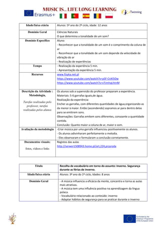 Idade/faixa etária Alunos: 5º ano do 2º ciclo, idade: 12 anos
Domínio Geral Ciências Naturais
O que determina a tonalidade de um som?
Domínio Específico Aluno:
- Reconhecer que a tonalidade de um som é o comprimento da coluna de
ar
- Reconhecer que a tonalidade de um som depende da velocidade de
vibração do ar
- Realização de experiências
Tempo - Realização da experiência 5 min.
- Apresentação da experiência 5 min.
Recursos www.fizyka.net.pl
https://www.youtube.com/watch?v=pSF-CnXl5Ow
https://www.youtube.com/watch?v=vTJmhqLhtnM
Descrição da Atividade :
Metodologia,
Tarefas realizadas pelo
professor, tarefas
realizadas pelos alunos
Os alunos sob a supervisão do professor preparam a experiência.
Materiais: 5-6 garrafas iguais,de água.
Realização da experiência:
Encher as garrafas, com diferentes quantidades de água,organizando-as
da menor à maior. Então (ascendendo) sopramos ar para dentro delas
para se emitirem sons.
Observações: Garrafas emitem sons diferentes, consoante a quantidade
contida.
Conclusão: Quanto maior a coluna de ar, maior o som.
Avaliação da metodologia -Criar música por uma garrafa influenciou positivamente os alunos.
- Os alunos adivinharam perfeitamente a melodia.
- Eles observaram e formularam a conclusão corretamente.
Documentos visuais:
fotos, vídeos e links
Registos das aulas
http://serwer1508943.home.pl/art,224,przyroda
Título Recolha de vocabulário em torno do assunto: Inverno. Segurança
durante as férias de inverno.
Idade/faixa etária Alunos: 3º ano do 1º ciclo, Idades: 8 anos
Domínio Geral - A música influencia a eficácia da mente, concentra e torna as aulas
mais atrativas.
- A música tem uma influência positiva na aprendizagem da língua
polaca.
- Vocabulário relacionado ao conteúdo: inverno
- Adaptar hábitos de segurança para se praticar durante o inverno
 