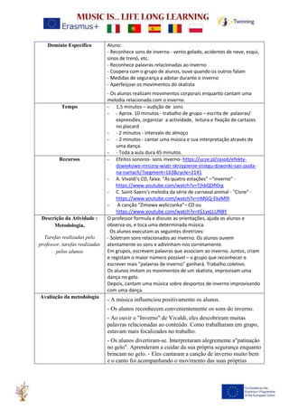 Domínio Específico Aluno:
- Reconhece sons de inverno - vento gelado, acidentes de neve, esqui,
sinos de trenó, etc.
- Reconhece palavras relacionadas ao inverno
- Coopera com o grupo de alunos, ouve quando os outros falam
- Medidas de segurança a adotar durante o inverno
- Aperfeiçoar os movimentos do skatista
- Os alunos realizam movimentos corporais enquanto cantam uma
melodia relacionada com o inverno.
Tempo - 1,5 minutos – audição de sons
- - Aprox. 10 minutos - trabalho de grupo – escrita de palavras/
expressões, organizar a actividade, leitura e fixação de cartazes
no placard
- - 2 minutos - intervalo do almoço
- - 2 minutos - cantar uma música e sua interpretação através de
uma dança.
- - Toda a aula dura 45 minutos.
Recursos - Efeitos sonoros- sons inverno- https://ucze.pl/zasob/efekty-
dzwiekowe-mrozny-wiatr-skrzypienie-sniegu-dzwonki-san-jazda-
na-nartach/?segment=163&cycle=2141
- A. Vivaldi's CD, faixa: “As quatro estações” –“inverno” -
https://www.youtube.com/watch?v=TjhbQDfI0rg
- C. Saint-Saens's melodia da série de carnaval animal - "Cisne" -
https://www.youtube.com/watch?v=nMGQ-EkyM9I
- A canção “Zimowa wyliczanka”– CD ou
https://www.youtube.com/watch?v=tG1yxLLUNBY
Descrição da Atividade :
Metodologia,
Tarefas realizadas pelo
professor, tarefas realizadas
pelos alunos
O professor formula e discute as orientações, ajuda os alunos e
observa-os, e toca uma determinada música.
Os alunos executam as seguintes diretrizes:
- Soletram sons relacionados ao inverno. Os alunos ouvem
atentamente os sons e adivinham-nos corretamente.
Em grupos, escrevem palavras que associam ao inverno. Juntos, criam
e registam o maior número possível – o grupo que reconhecer e
escrever mais "palavras de inverno" ganhará. Trabalho coletivo.
Os alunos imitam os movimentos de um skatista, improvisam uma
dança no gelo.
Depois, cantam uma música sobre desportos de inverno improvisando
com uma dança.
Avaliação da metodologia
- A música influenciou positivamente os alunos.
- Os alunos reconhecem convenientemente os sons do inverno.
- Ao ouvir o "Inverno" de Vivaldi, eles descobriram muitas
palavras relacionadas ao conteúdo. Como trabalharam em grupo,
estavam mais focalizados no trabalho.
- Os alunos divertiram-se. Interpretaram alegremente a"patinação
no gelo". Aprenderam a cuidar da sua própria segurança enquanto
brincam no gelo. - Eles cantaram a canção de inverno muito bem
e o canto foi acompanhando o movimento das suas próprias
 